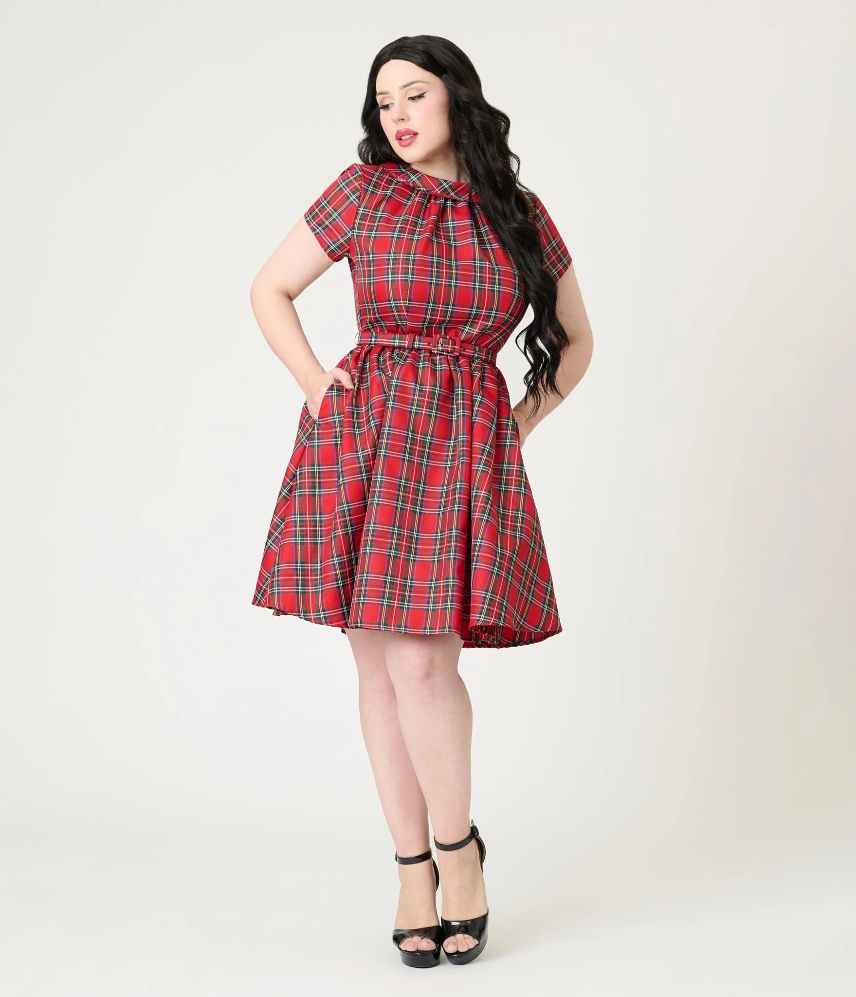 Smak Parlour Red Plaid Flare Dress - Image 4