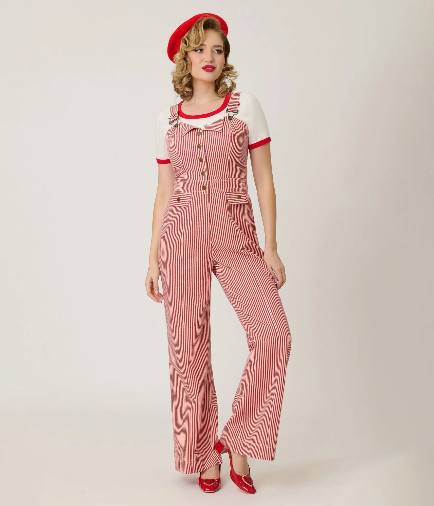 Smak Parlour Red & White Striped Wide Leg Dungarees