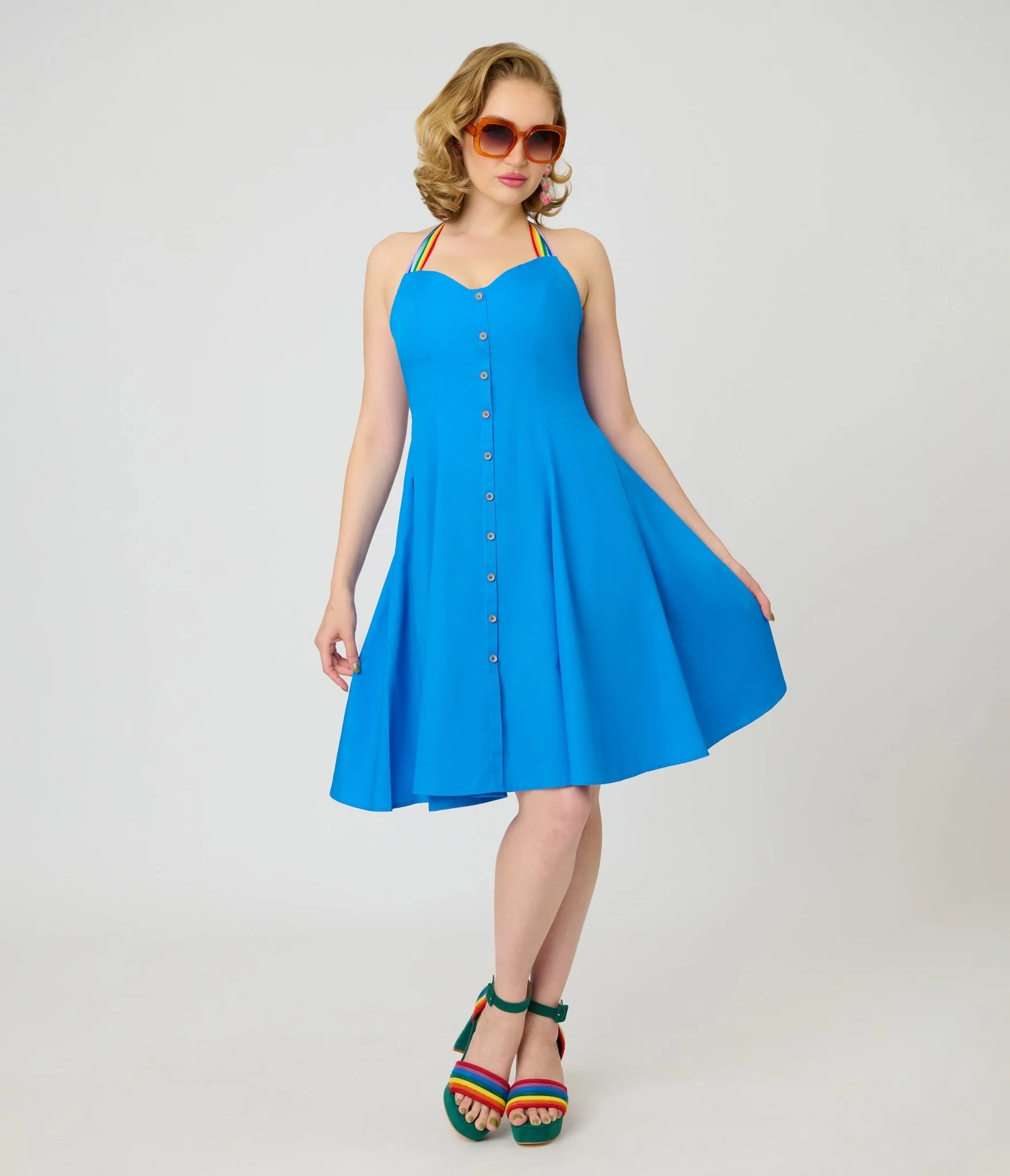Smak Parlour Royal Blue & Rainbow Sweetheart Halter Flare Dress