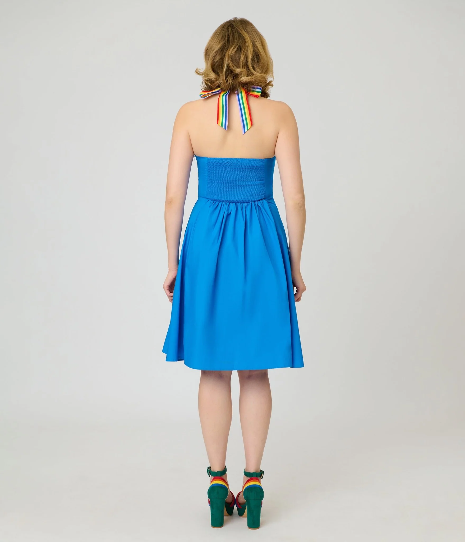 Smak Parlour Royal Blue & Rainbow Sweetheart Halter Flare Dress - Image 2