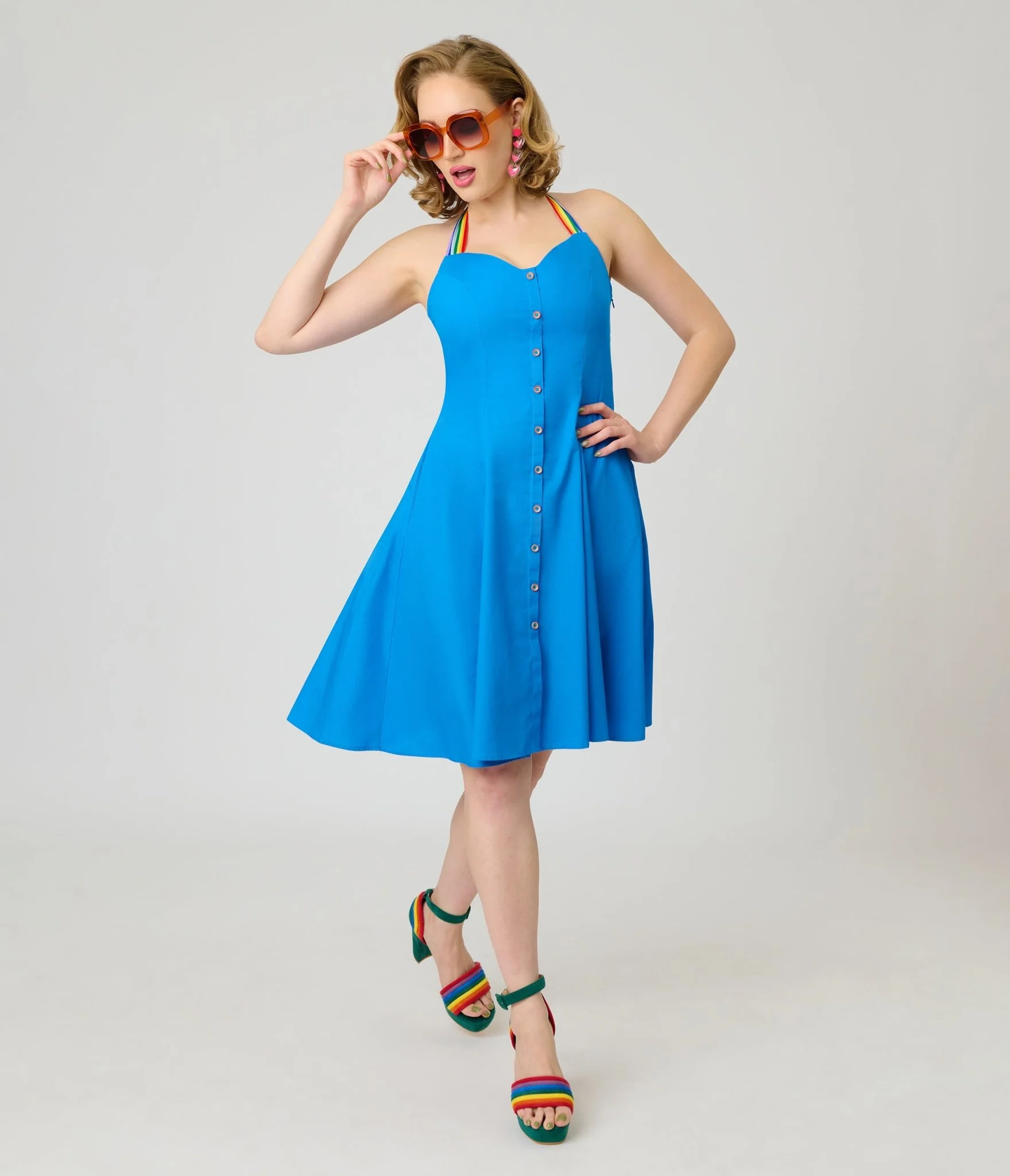 Smak Parlour Royal Blue & Rainbow Sweetheart Halter Flare Dress - Image 3