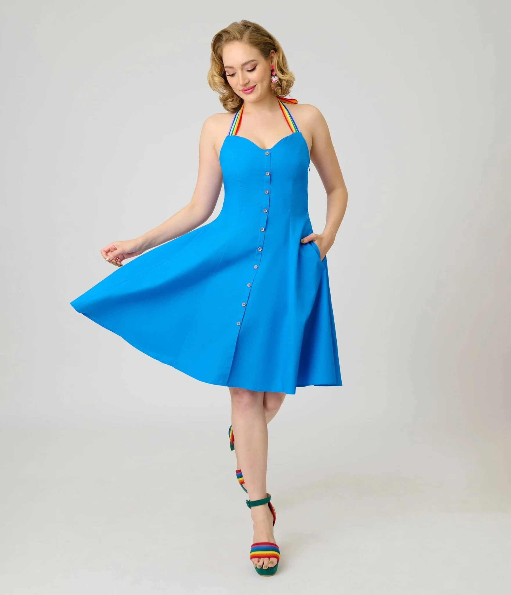 Smak Parlour Royal Blue & Rainbow Sweetheart Halter Flare Dress - Image 4