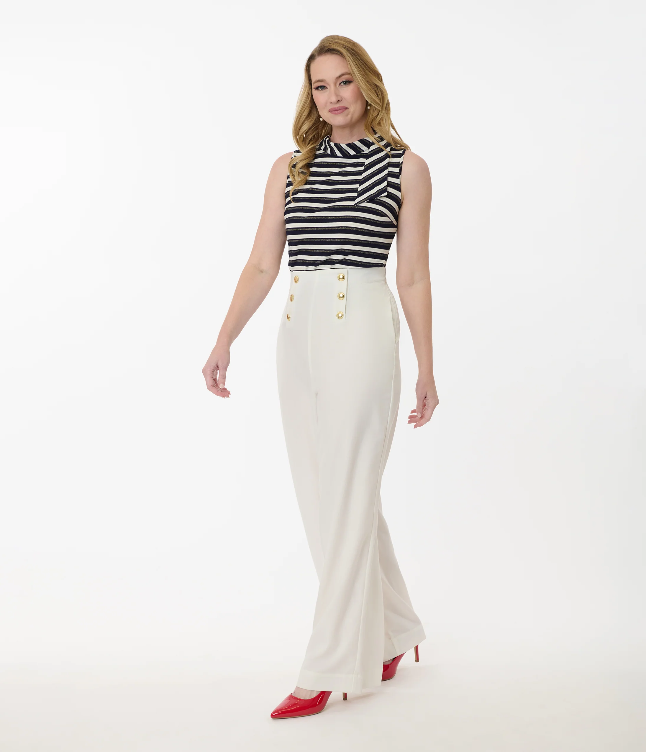 Smak Parlour White & Gold Button Wide Leg Sailor Pants - Image 4