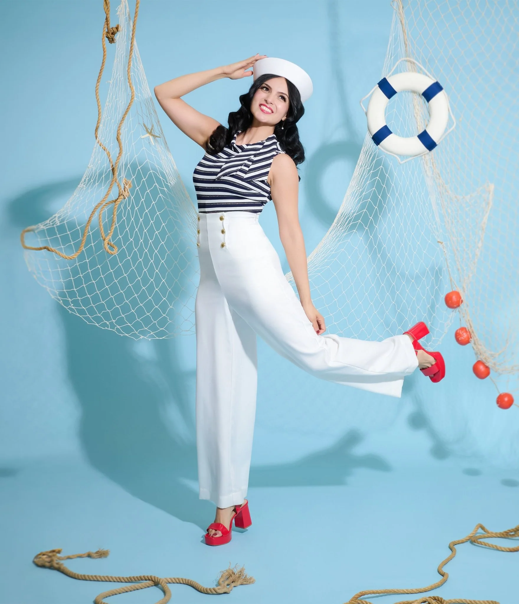Smak Parlour White & Gold Button Wide Leg Sailor Pants - Image 5