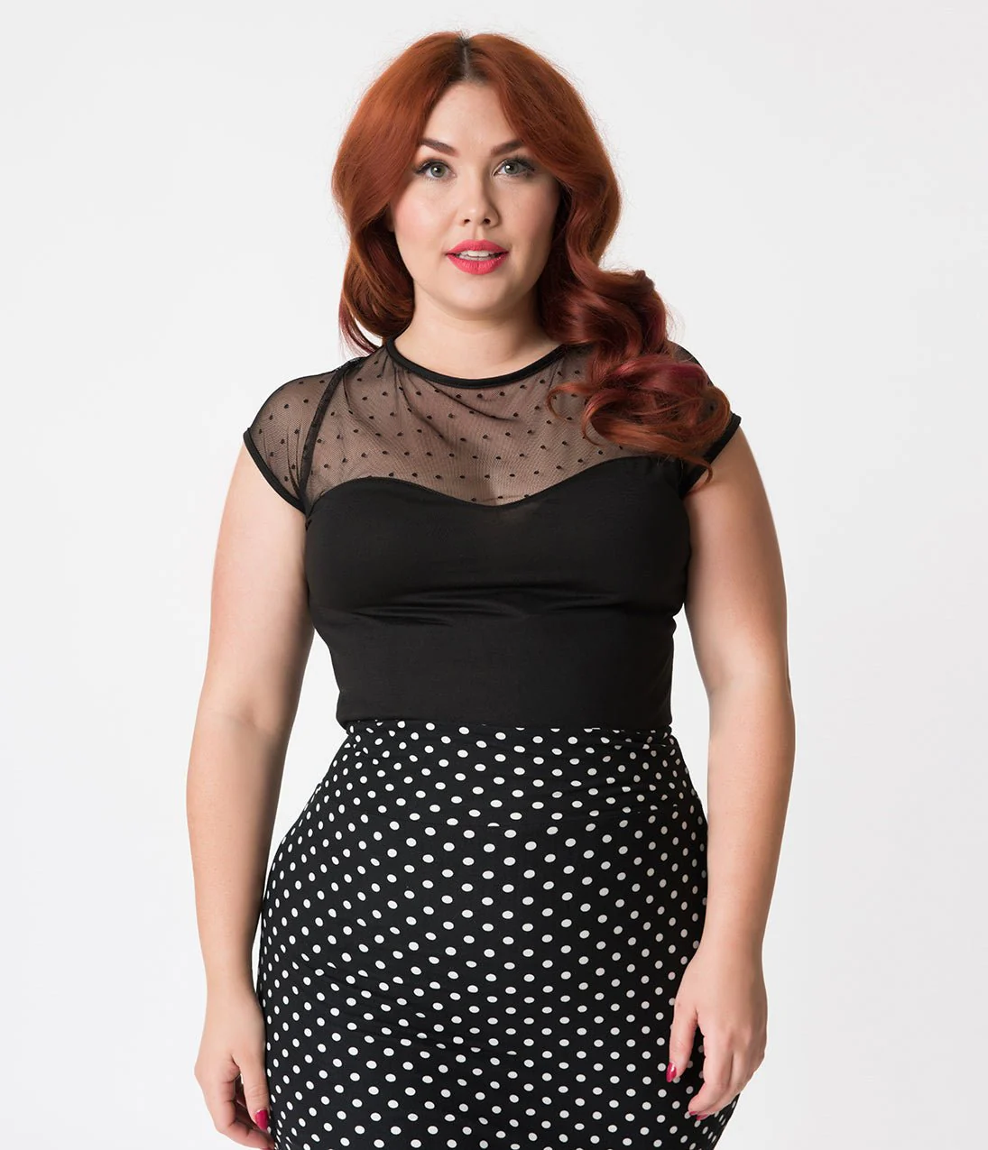 Steady Plus Size Black Mesh Dot Miss Fancy Knit Top - Image 4