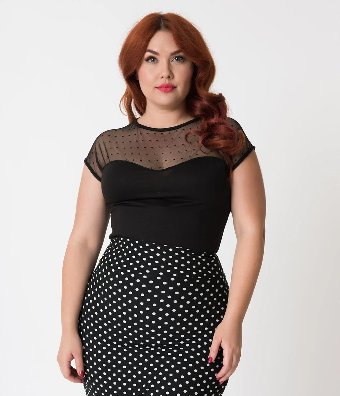 Steady Plus Size Black Mesh Dot Miss Fancy Knit Top - Image 5