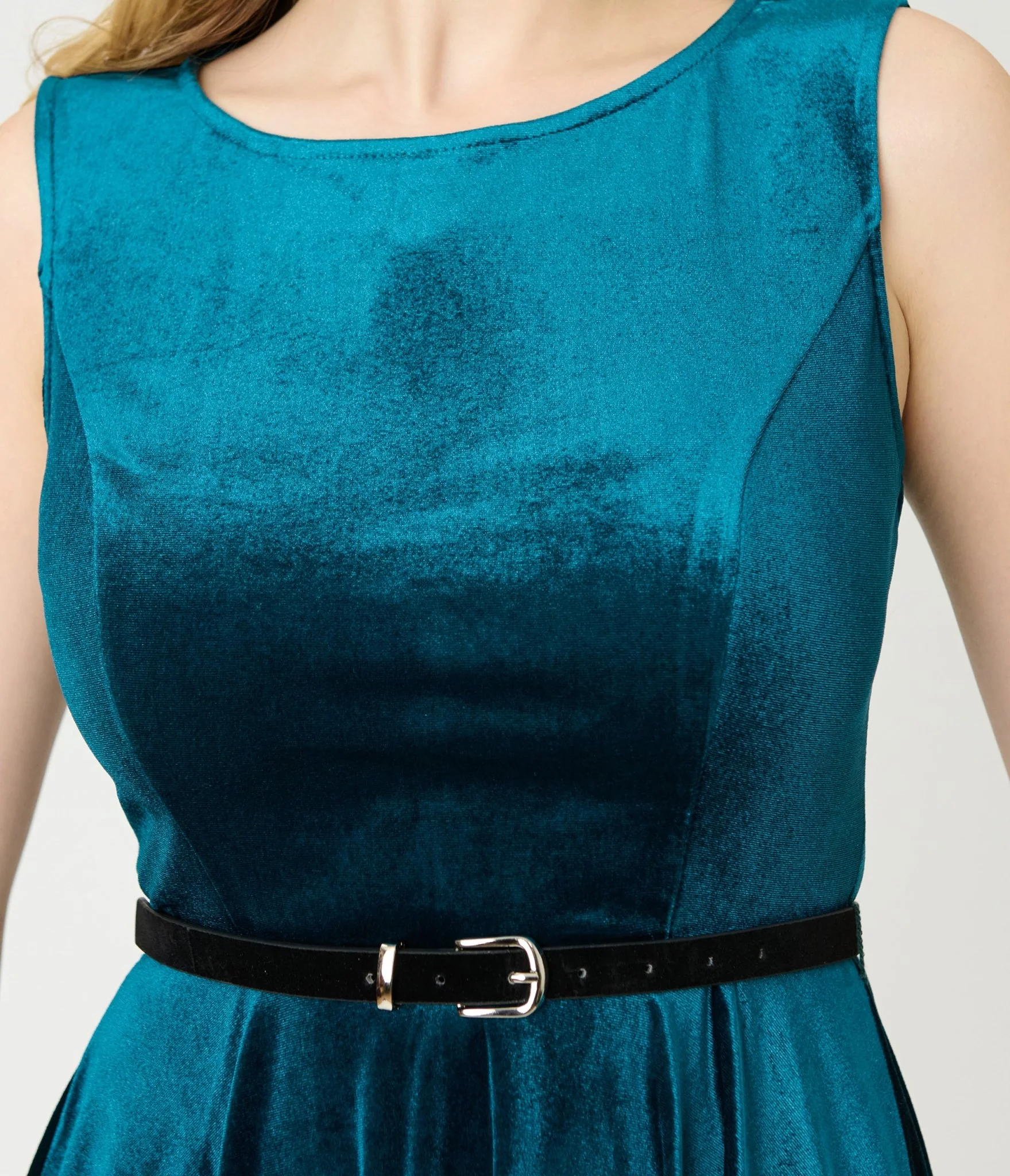 Teal Velvet Belted Swing Dress - Image 4