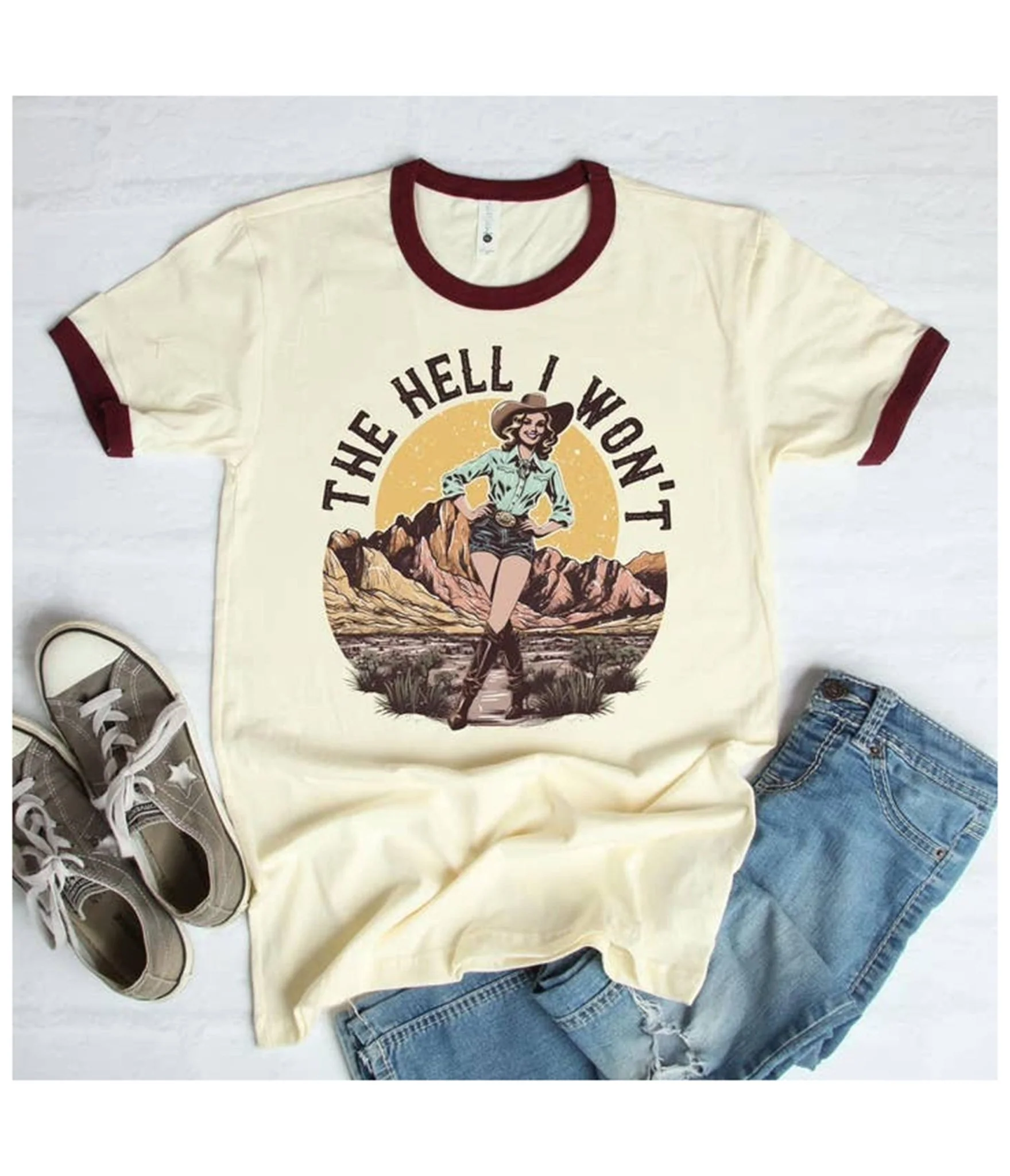 The Hell I Won't Burgundy Collar Unisex Graphic Ringer Tee in Ivory