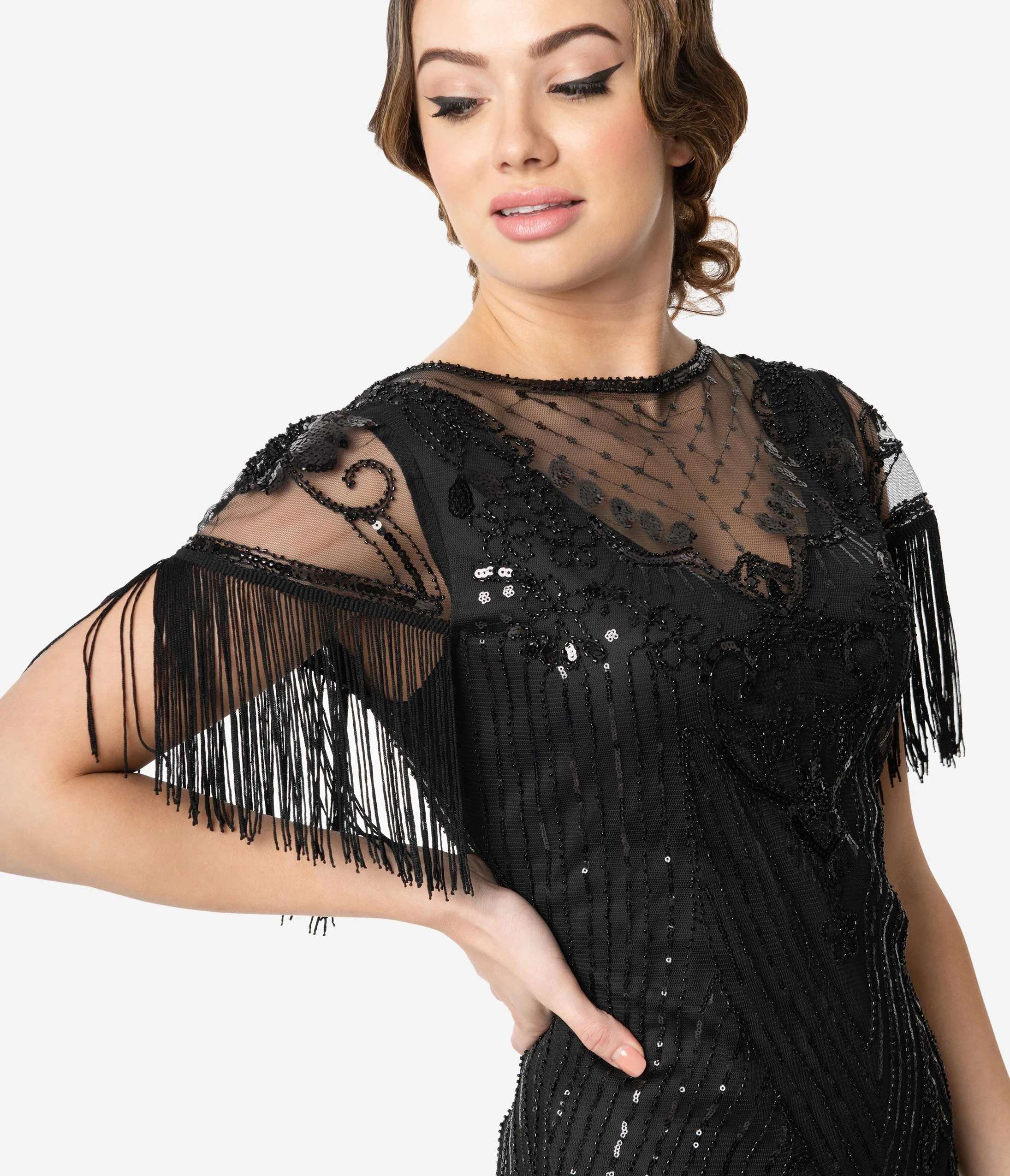 Unique Vintage 1920s Black Beaded Fringe Sleeve Nadine Flapper Dress - Image 3