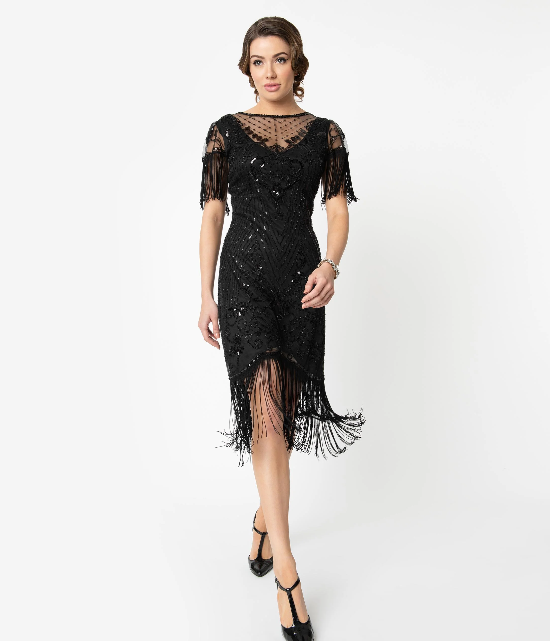 Unique Vintage 1920s Black Beaded Fringe Sleeve Nadine Flapper Dress - Image 4
