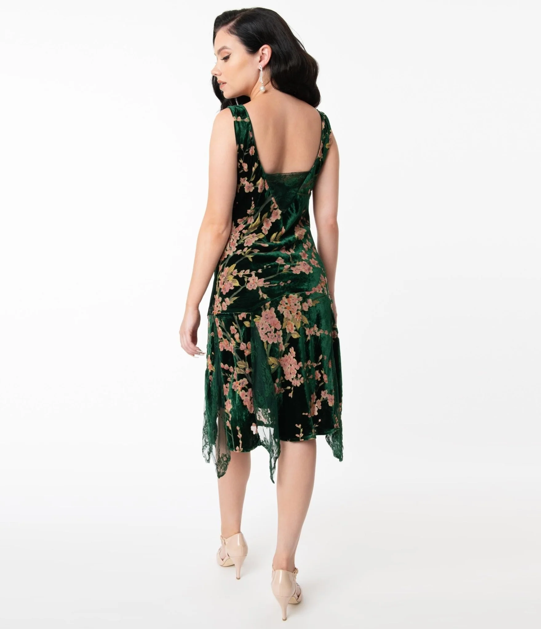 Unique Vintage 1920s Emerald Velvet Floral Burnout Hemingway Flapper Dress - Image 3
