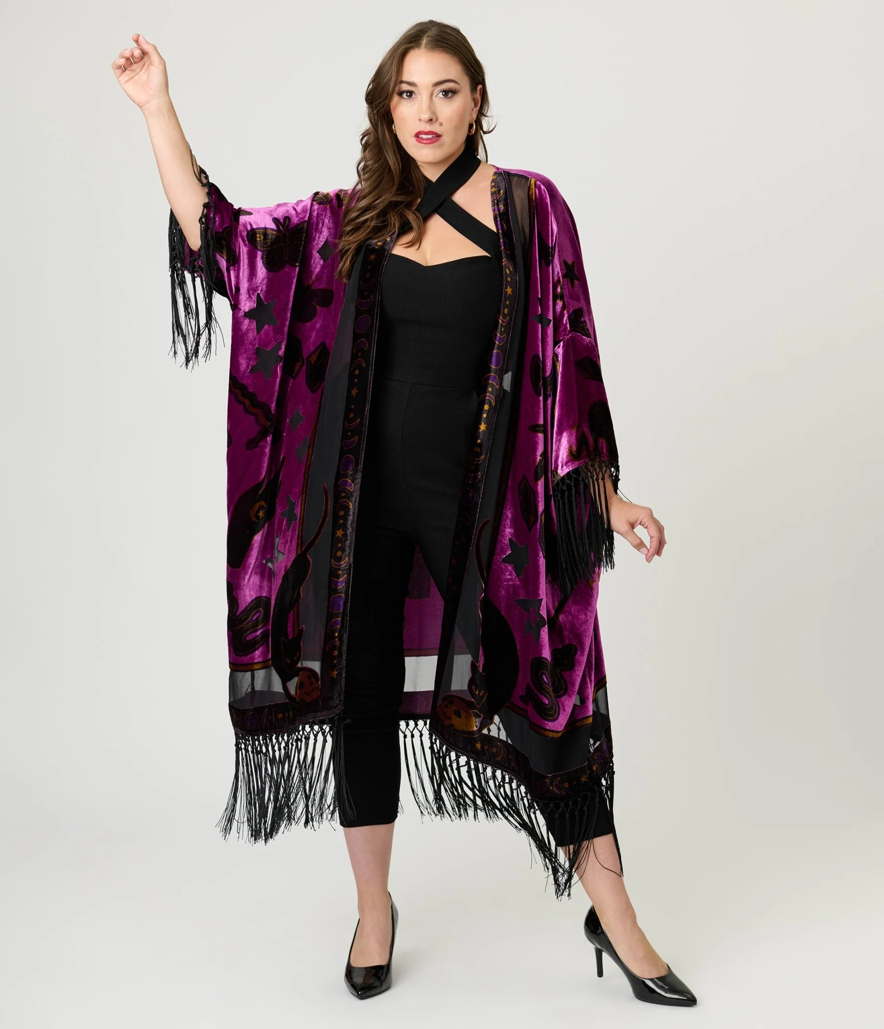 Unique Vintage 1920s Purple Velvet Burnout Mystical Icons Fringe Kimono - Image 3