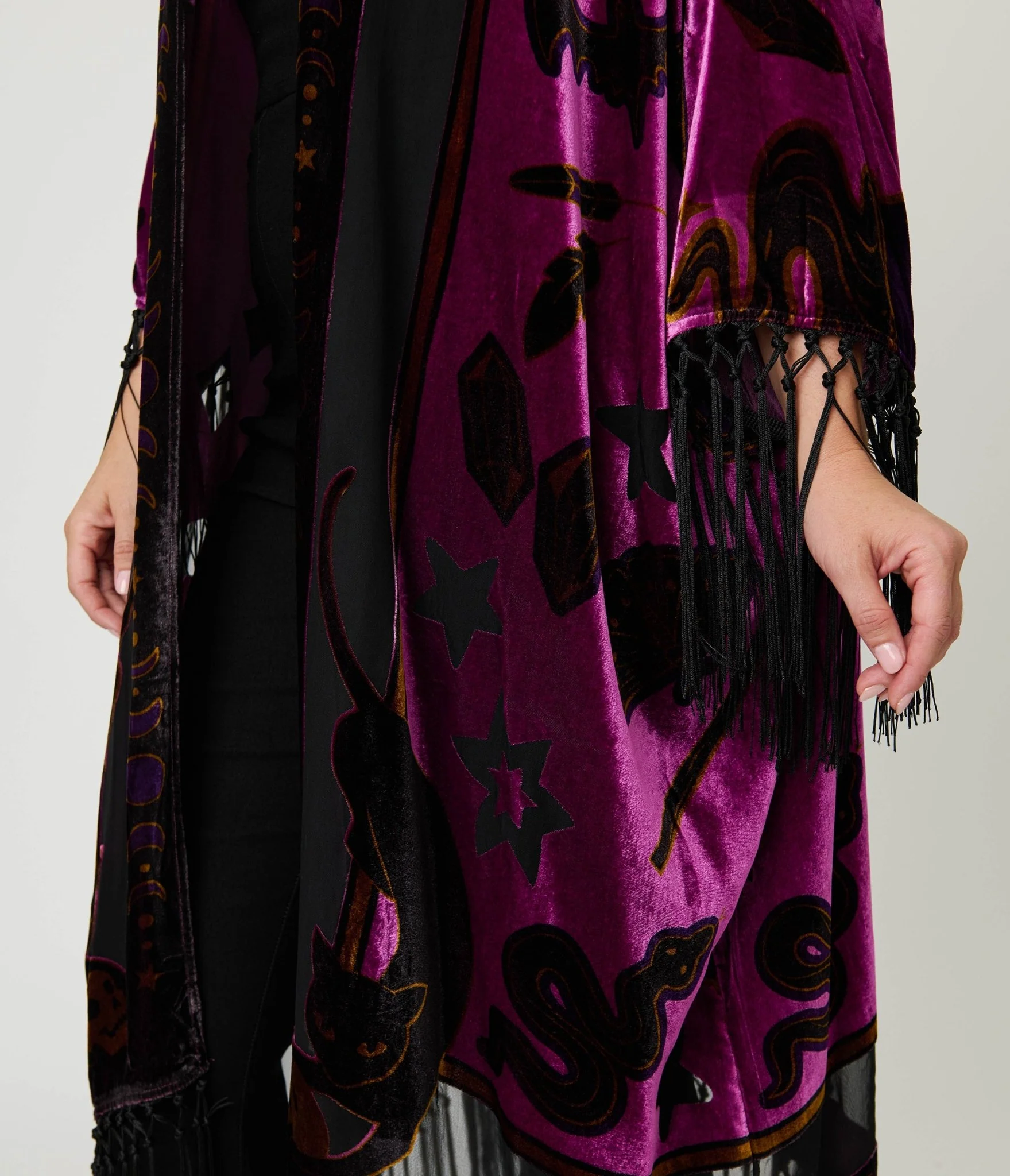 Unique Vintage 1920s Purple Velvet Burnout Mystical Icons Fringe Kimono - Image 4