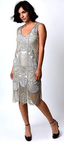 Unique Vintage 1920s Style Silver Hand Beaded Fringe Bosley Flapper Dress - Image 3