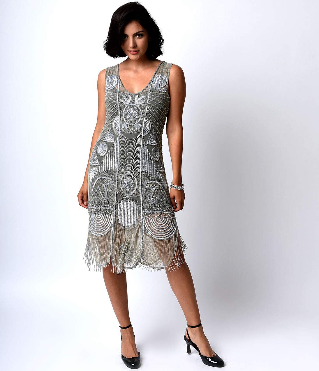 Unique Vintage 1920s Style Silver Hand Beaded Fringe Bosley Flapper Dress - Image 4