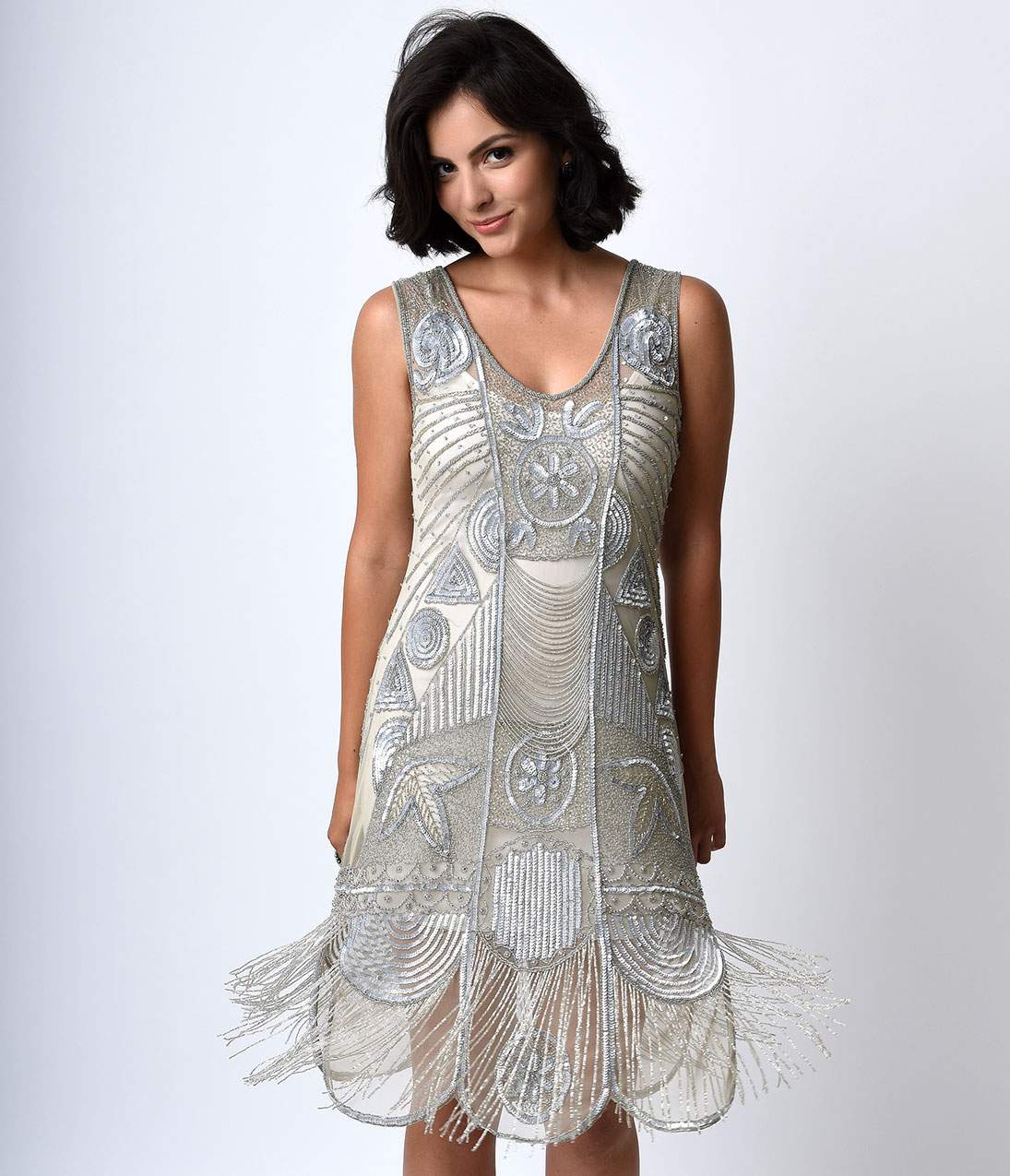 Unique Vintage 1920s Style Silver Hand Beaded Fringe Bosley Flapper Dress - Image 5
