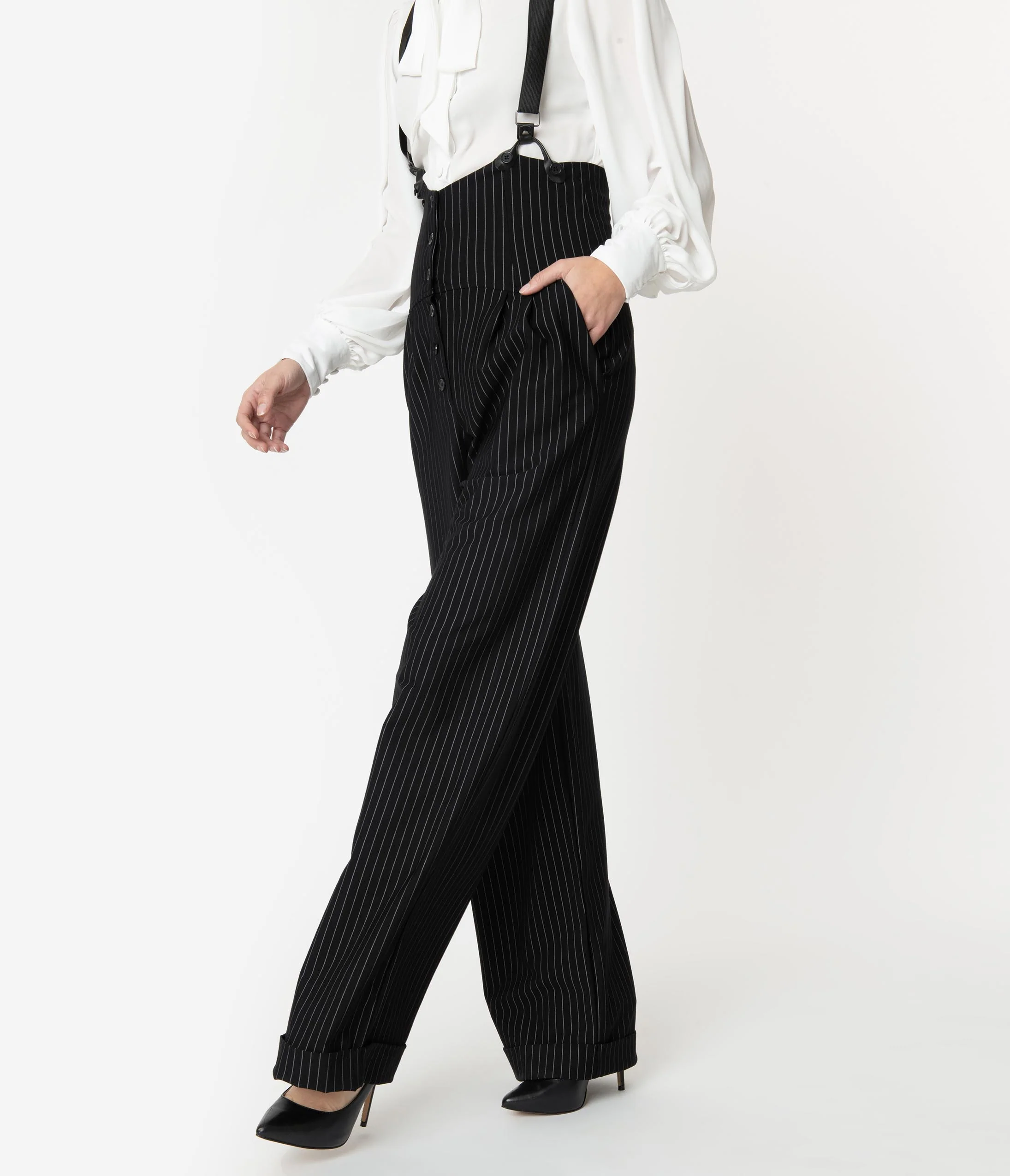 Unique Vintage 1930s Black & White Pin Stripe Thelma Suspender Pants - Image 3