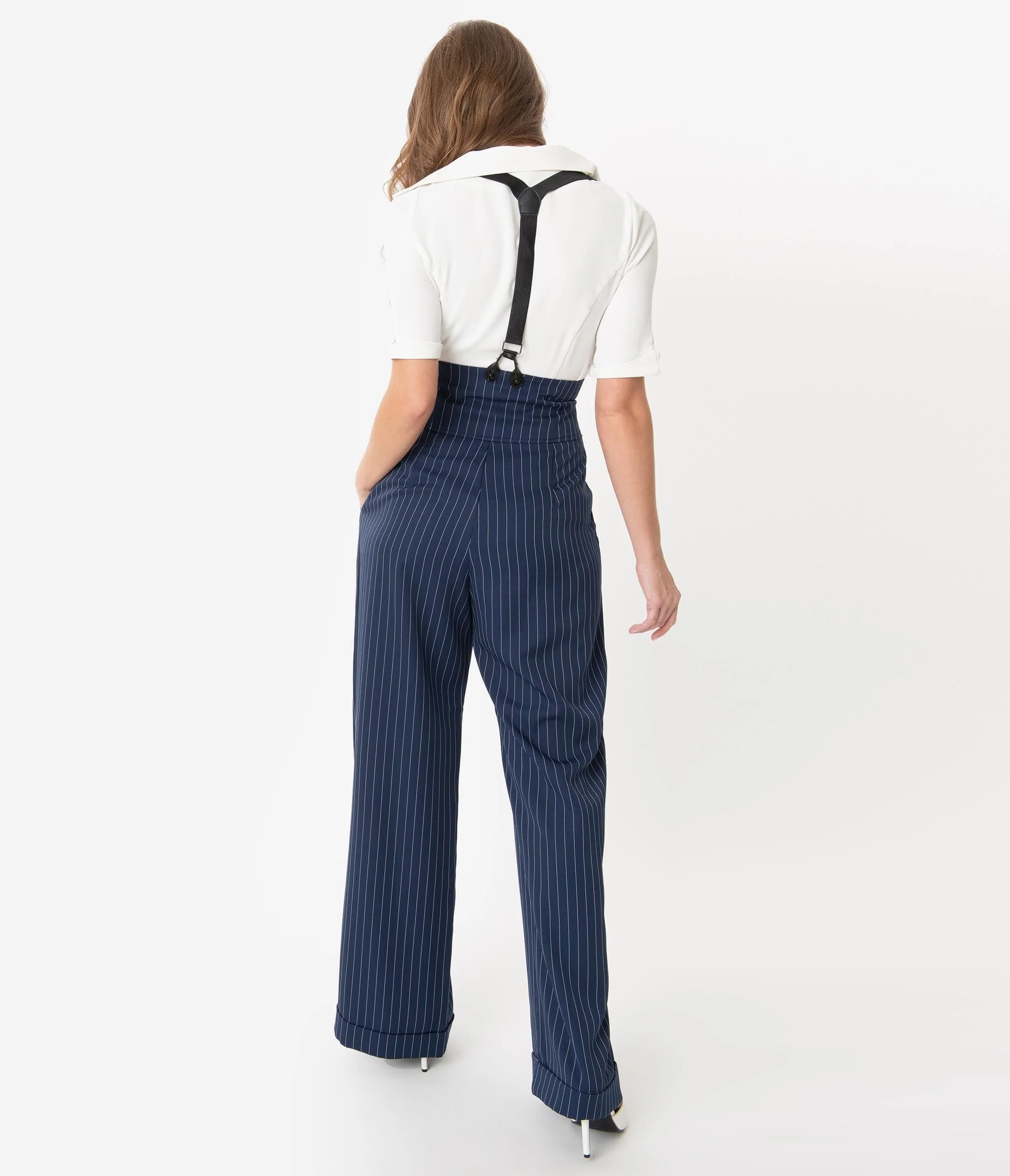 Unique Vintage 1930s Navy & White Pin Stripe Thelma Suspender Pants - Image 2