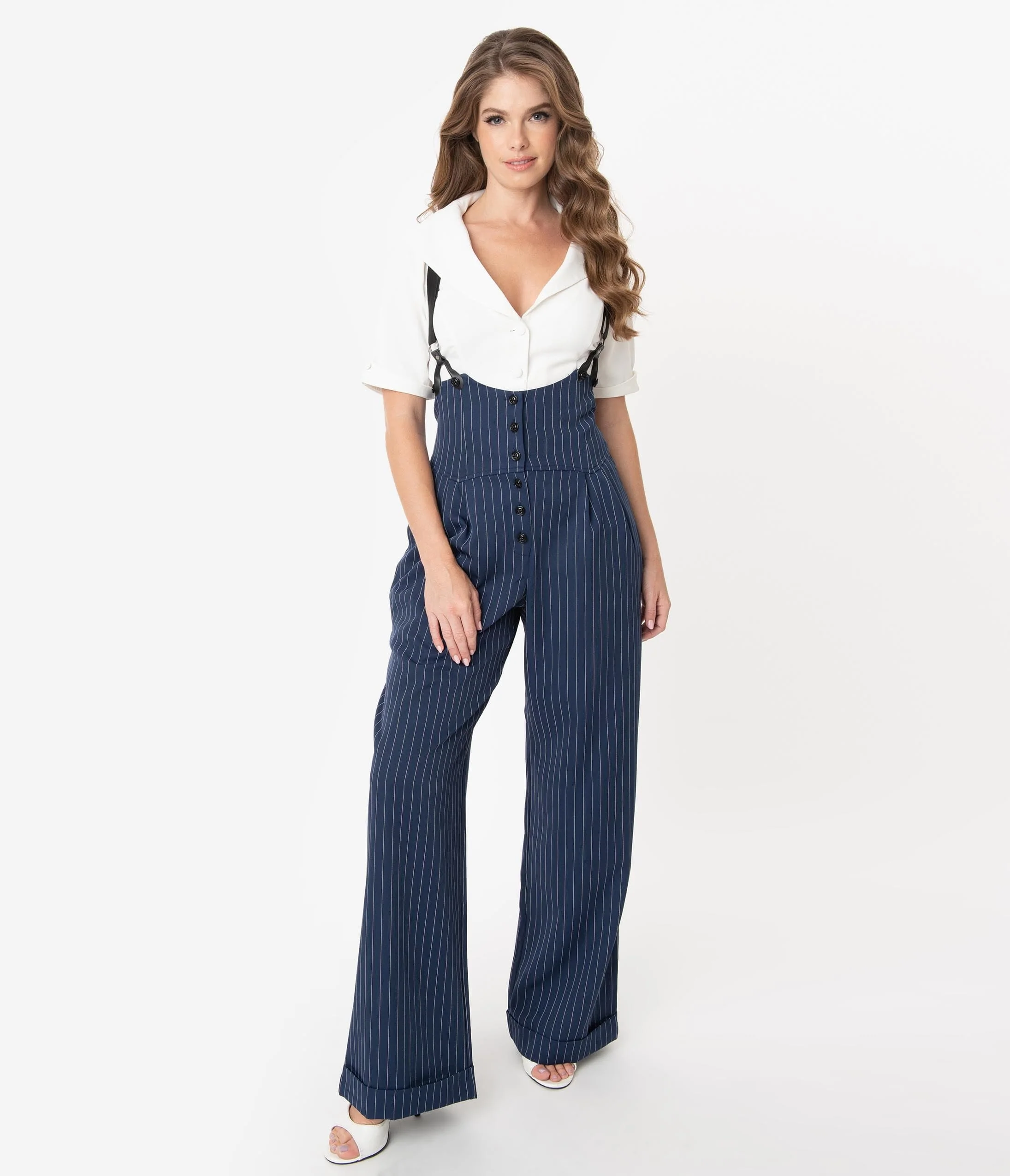Unique Vintage 1930s Navy & White Pin Stripe Thelma Suspender Pants - Image 3