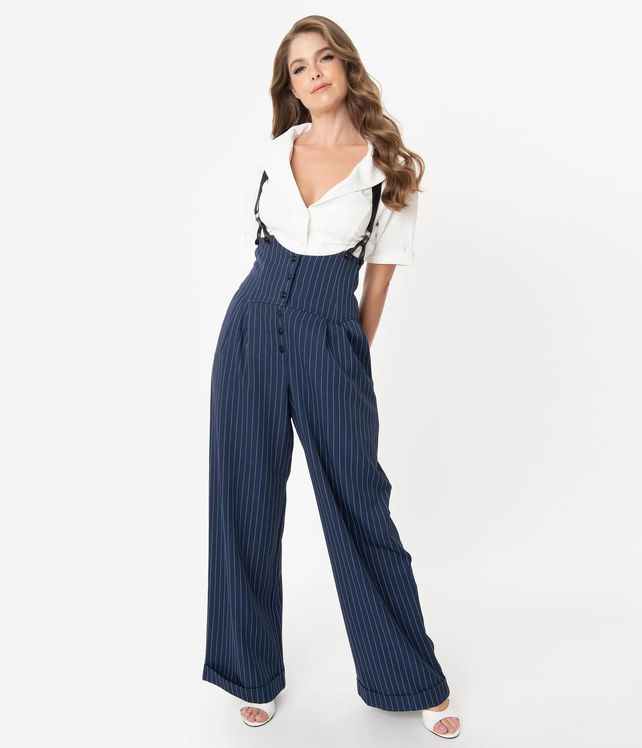 Unique Vintage 1930s Navy & White Pin Stripe Thelma Suspender Pants - Image 4
