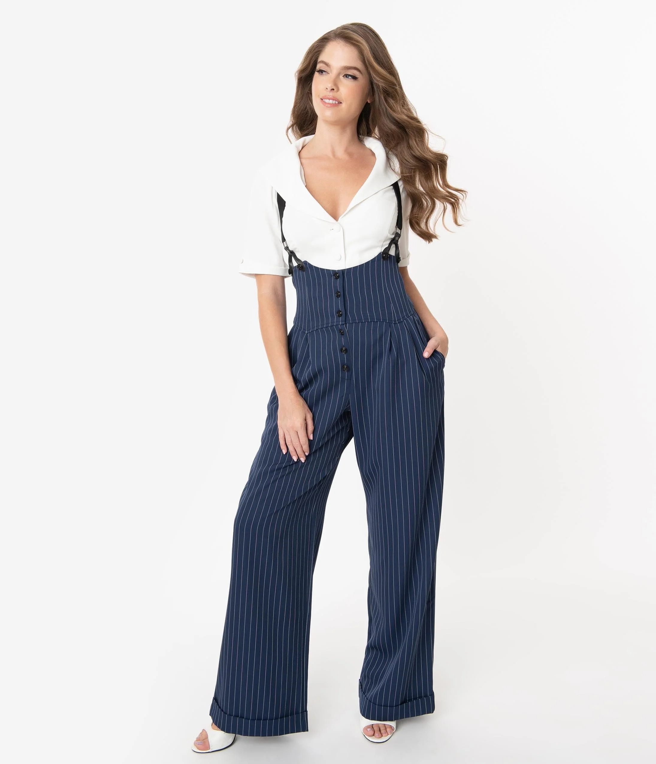 Unique Vintage 1930s Navy & White Pin Stripe Thelma Suspender Pants - Image 5