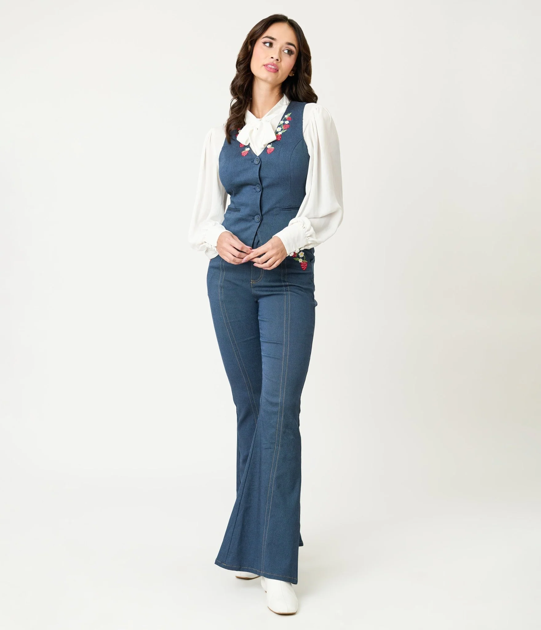 Unique Vintage 1940s Denim Embroidered Button Up Vest - Image 3