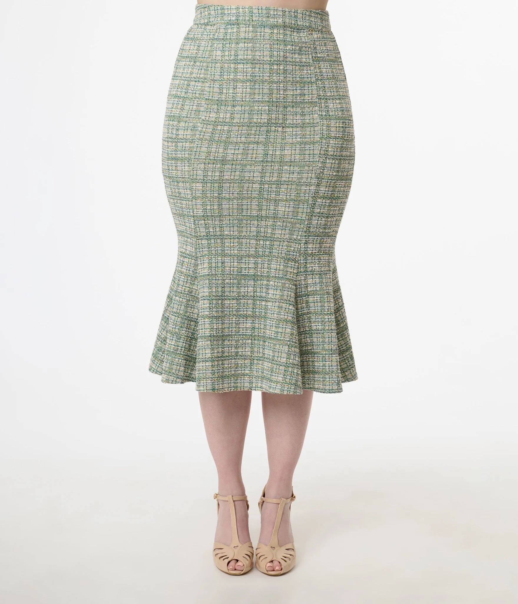 Unique Vintage 1940s Green Plaid Boucle Trumpet Skirt - Image 3