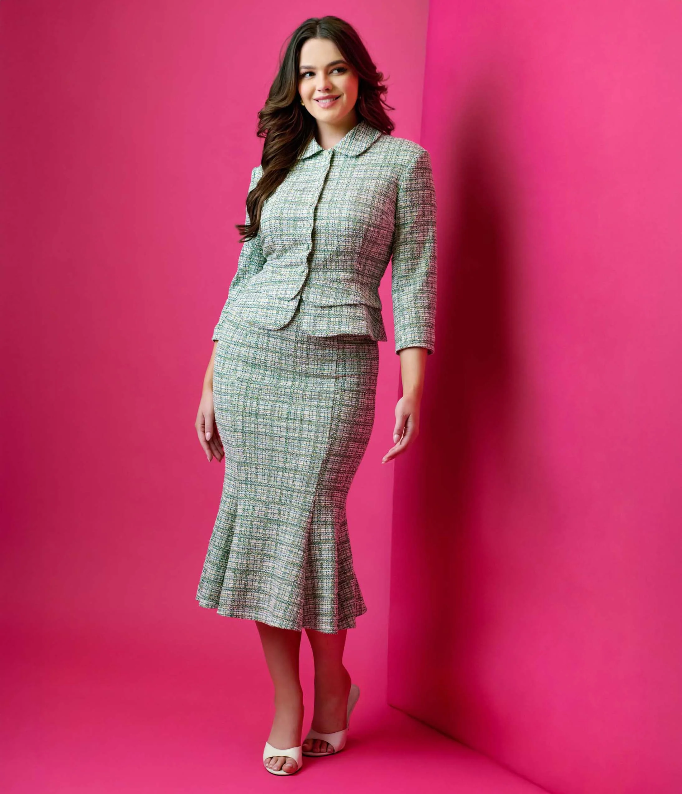 Unique Vintage 1940s Green Plaid Boucle Trumpet Skirt - Image 4