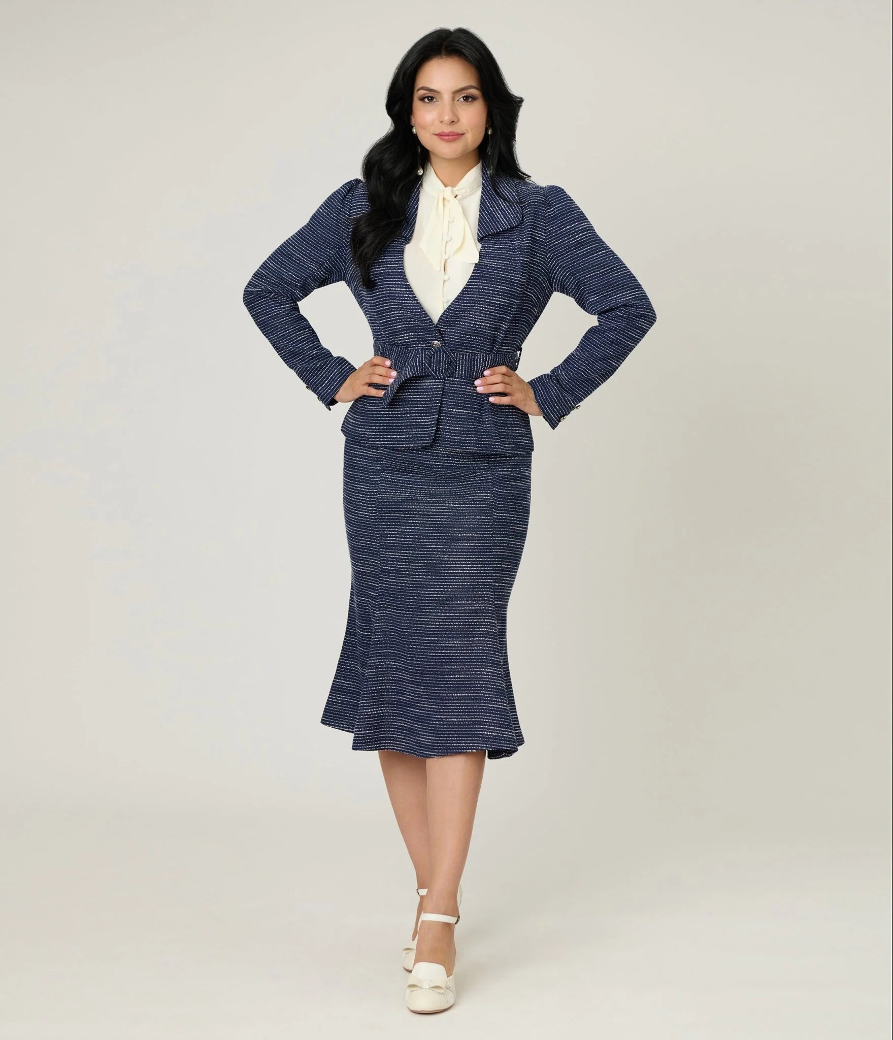 Unique Vintage 1940s Navy & White Tweed Tina Trumpet Skirt - Image 5