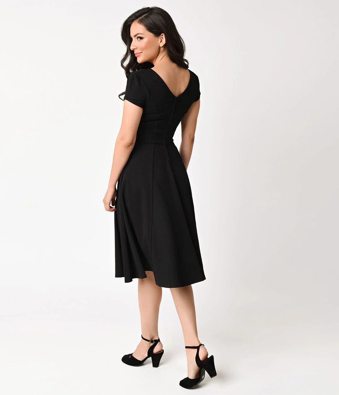 Unique Vintage 1940s Style Black Knit Short Sleeve Natalie Swing Dress - Image 2