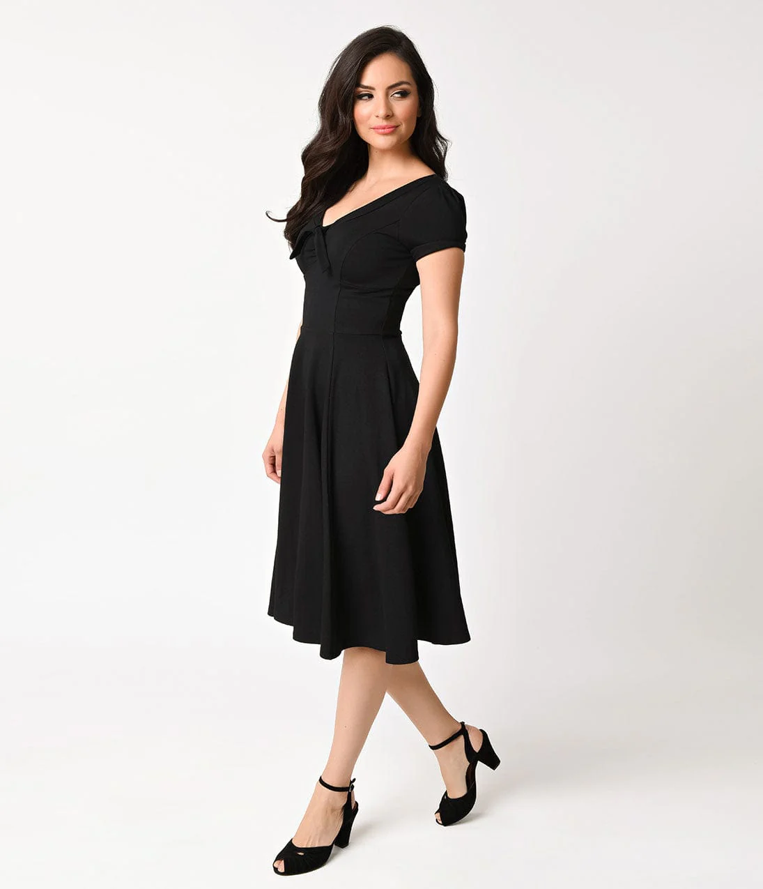 Unique Vintage 1940s Style Black Knit Short Sleeve Natalie Swing Dress - Image 3