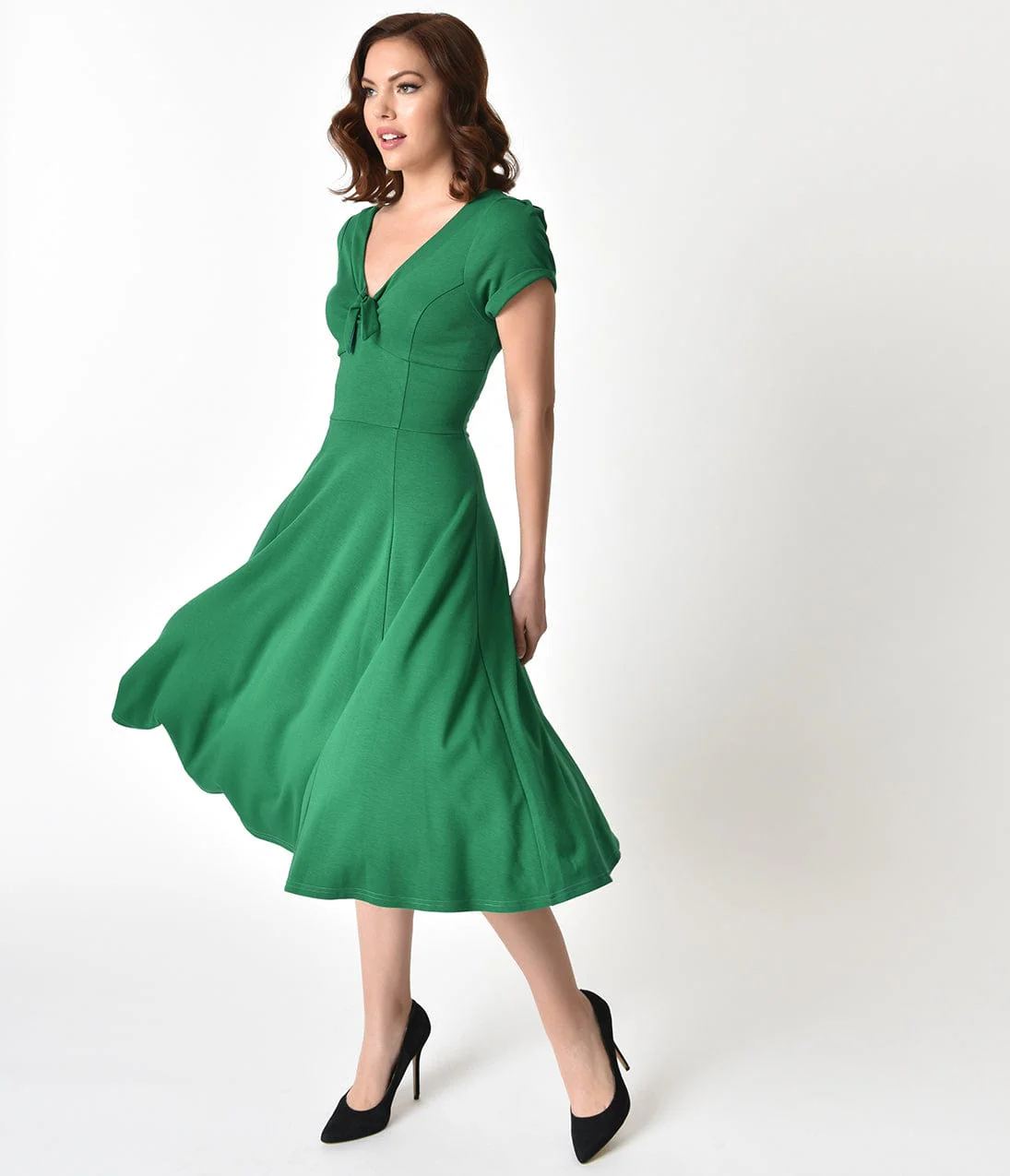 Unique Vintage 1940s Style Green Knit Short Sleeve Natalie Swing Dress