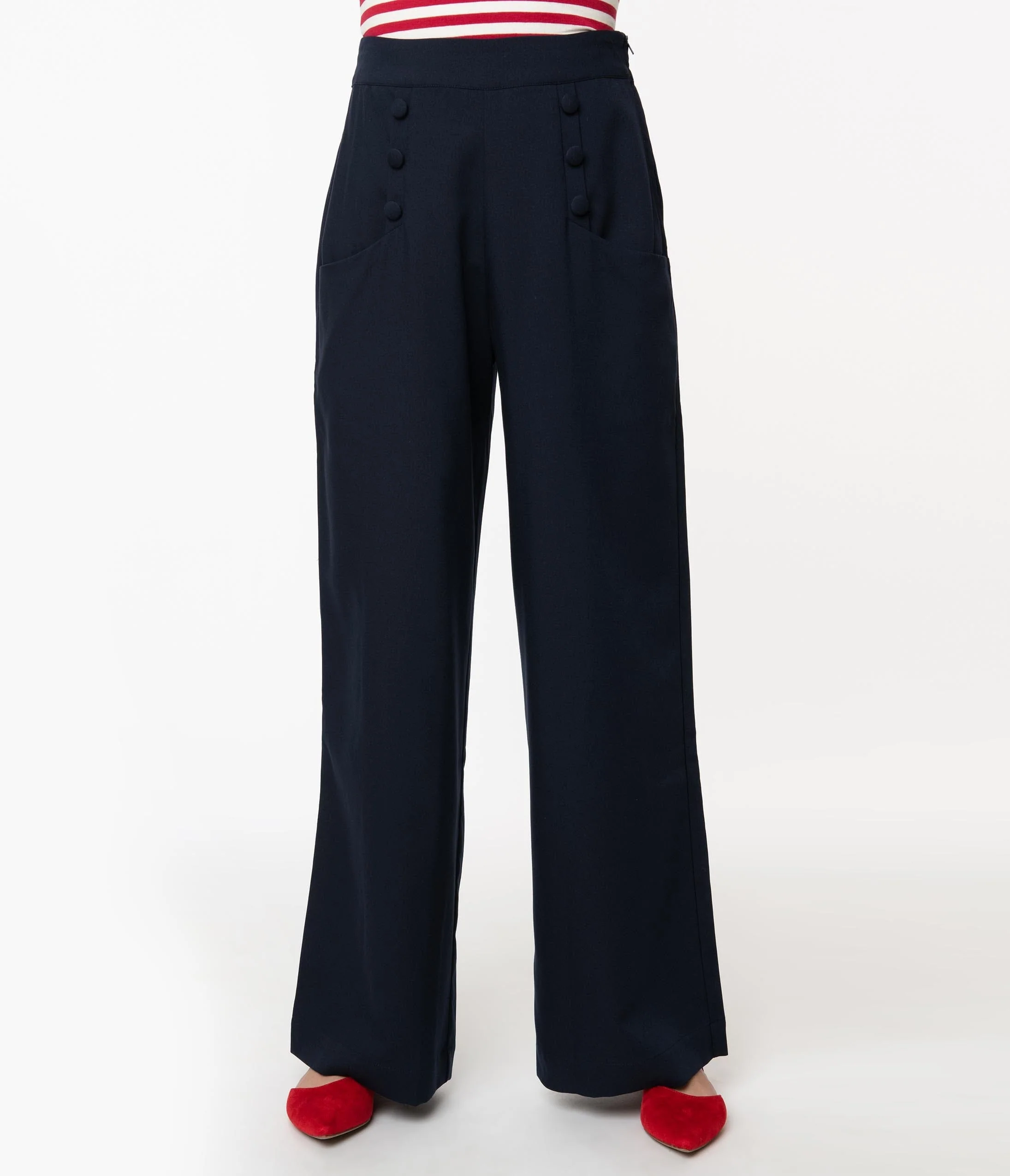 Unique Vintage 1940s Navy Blue High Waist Sailor Ginger Pants - Image 2