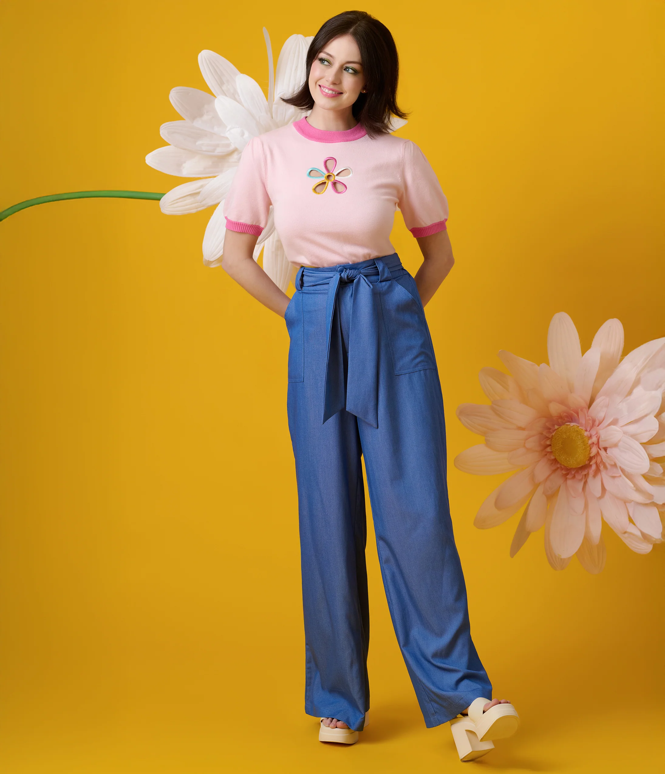 Unique Vintage 1950s Blue Chambray Wide Leg Trousers - Image 4