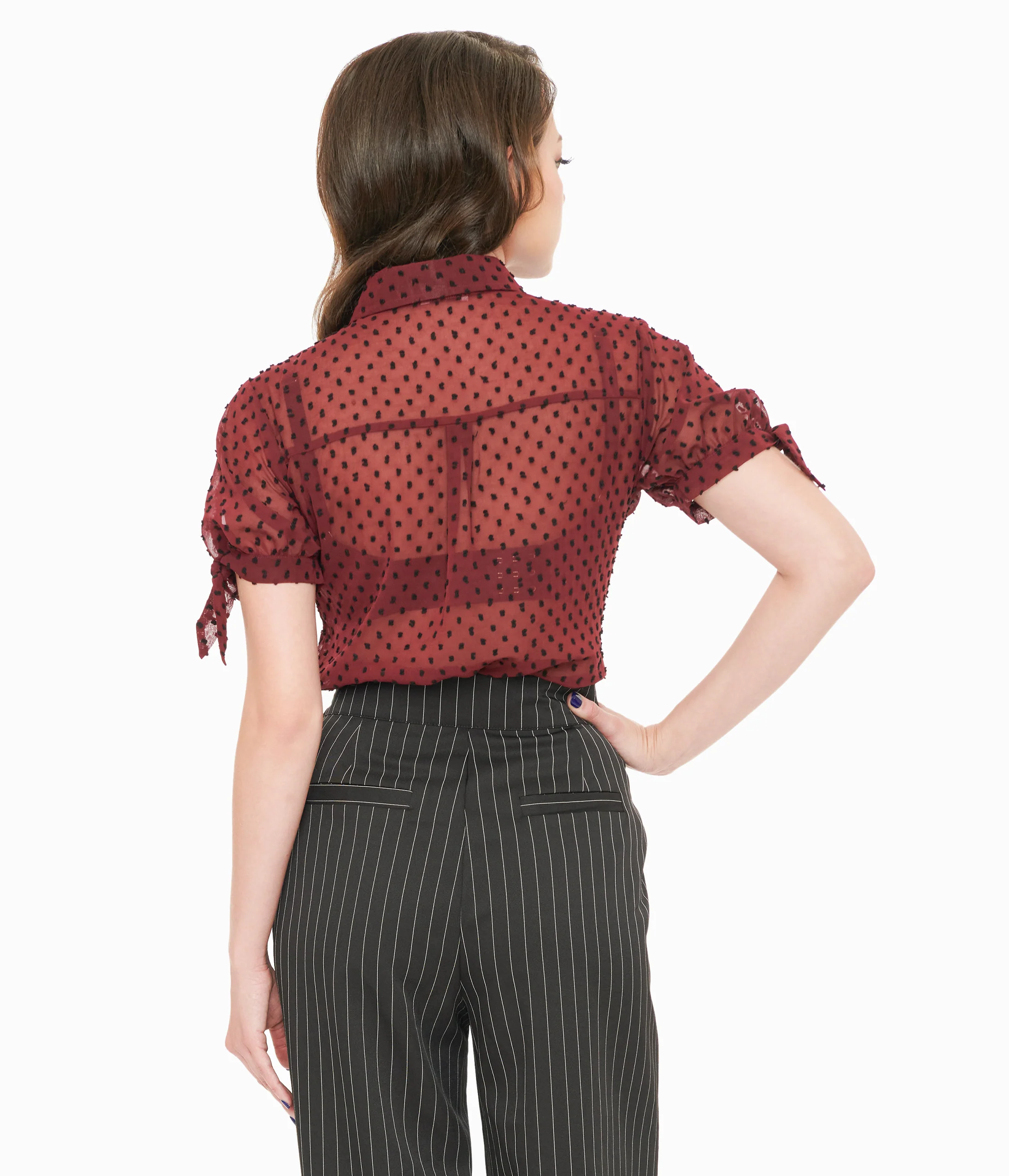 Unique Vintage 1950s Burgundy & Black Clip Dot Tie Cuff Blouse - Image 2