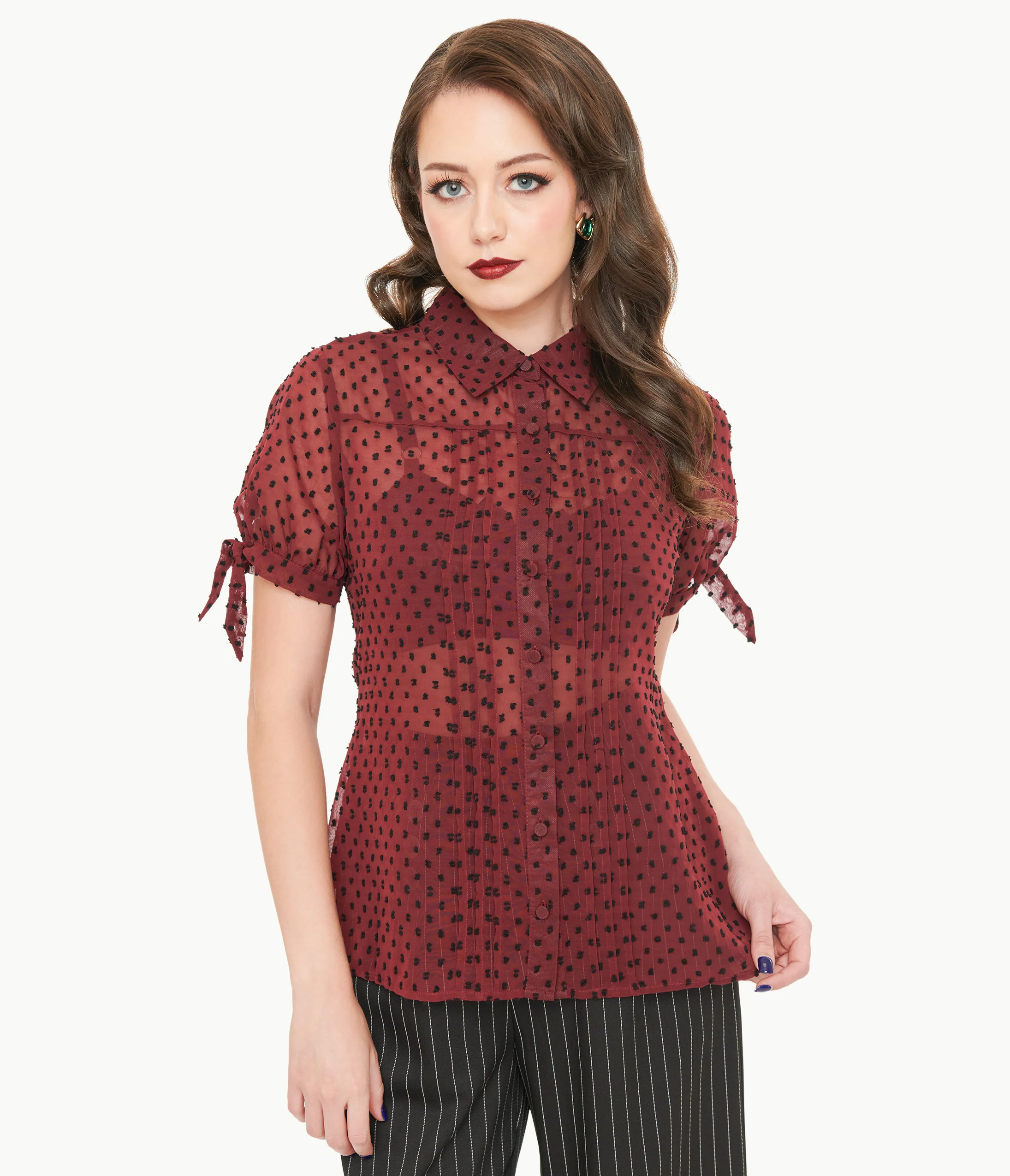 Unique Vintage 1950s Burgundy & Black Clip Dot Tie Cuff Blouse - Image 3