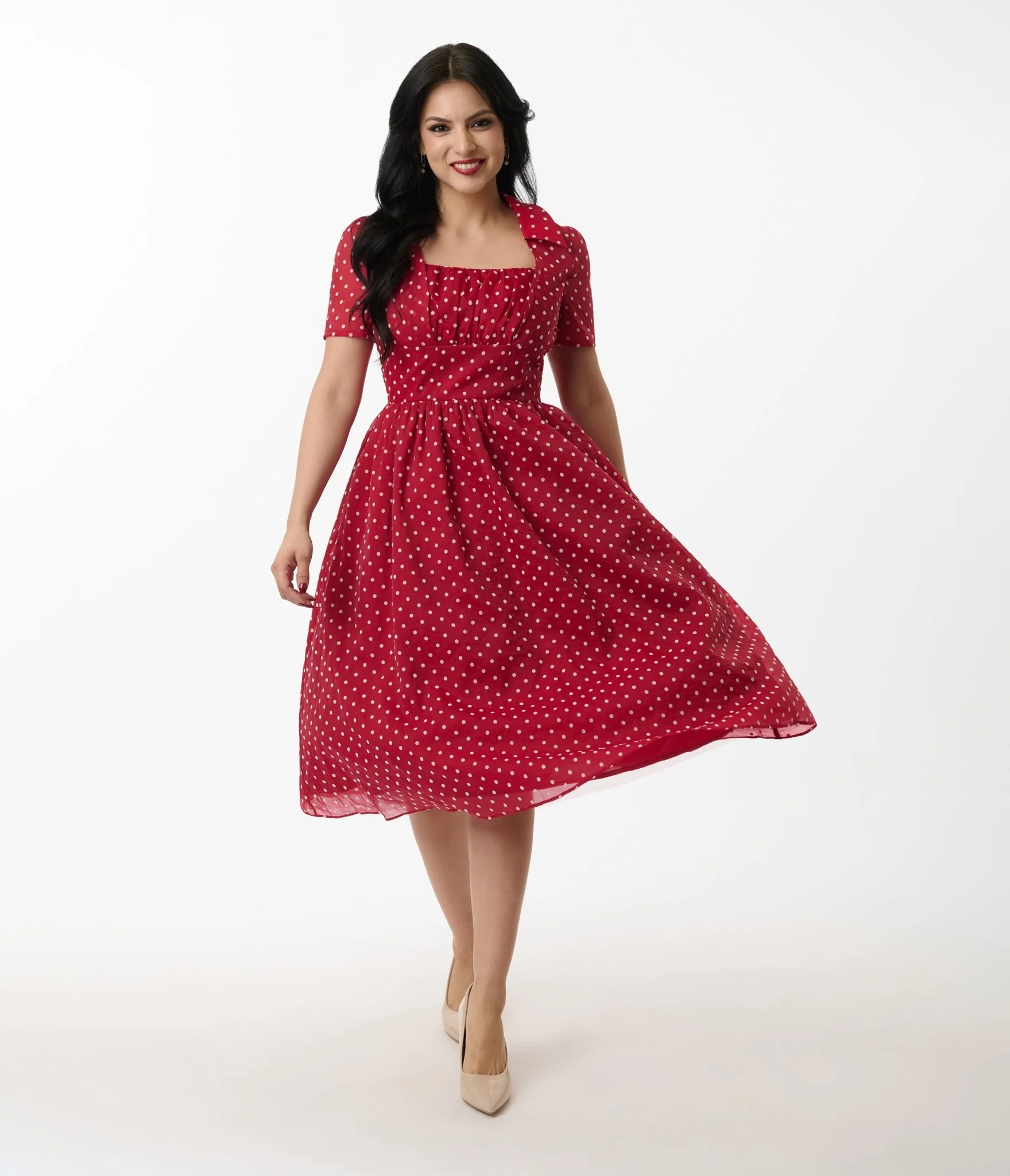 Unique Vintage Burgundy & White Swiss Dot Libby Swing Dress