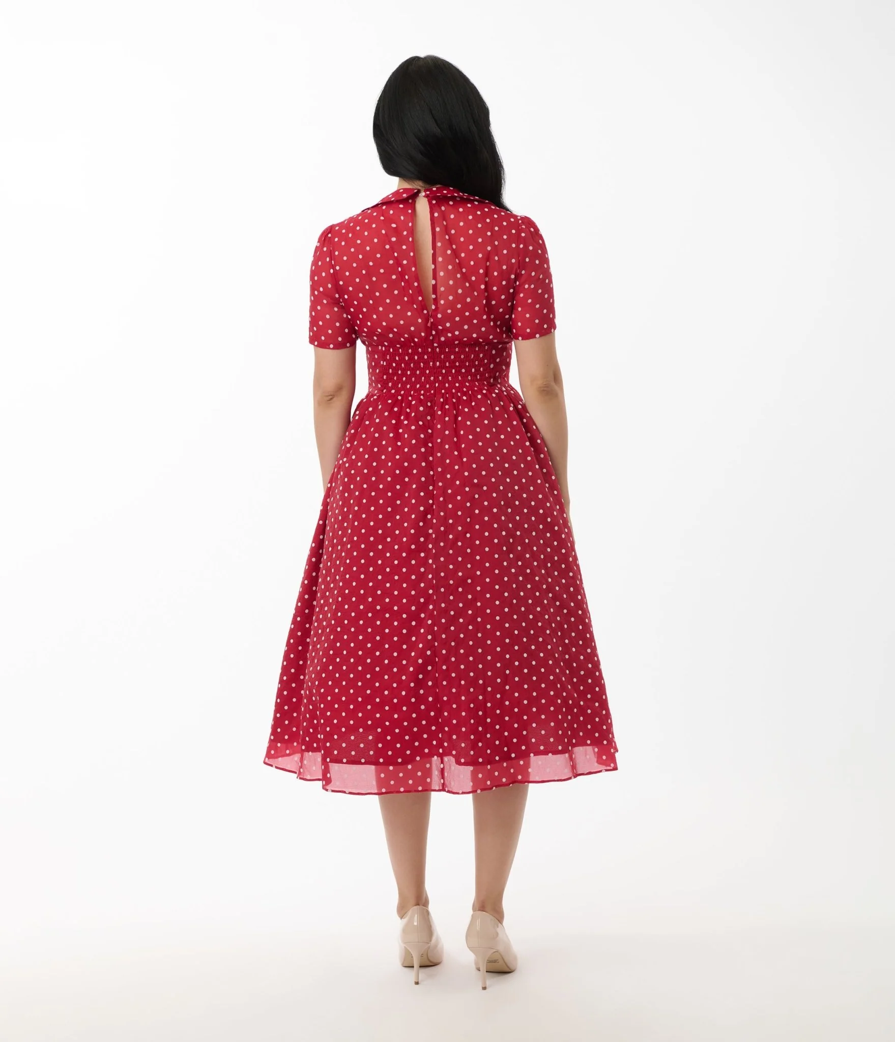 Unique Vintage Burgundy & White Swiss Dot Libby Swing Dress - Image 3