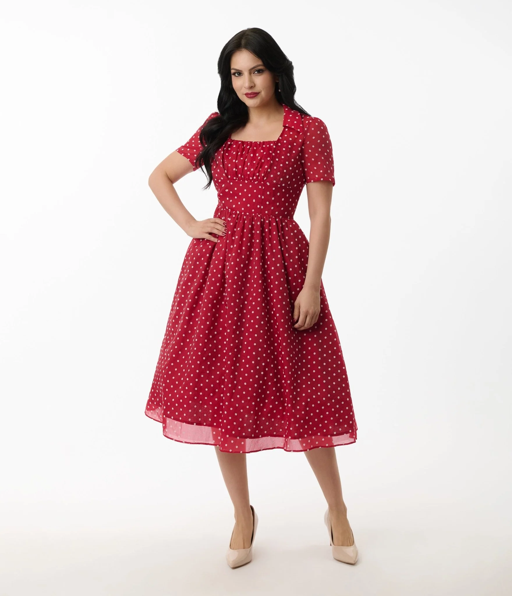 Unique Vintage Burgundy & White Swiss Dot Libby Swing Dress - Image 4