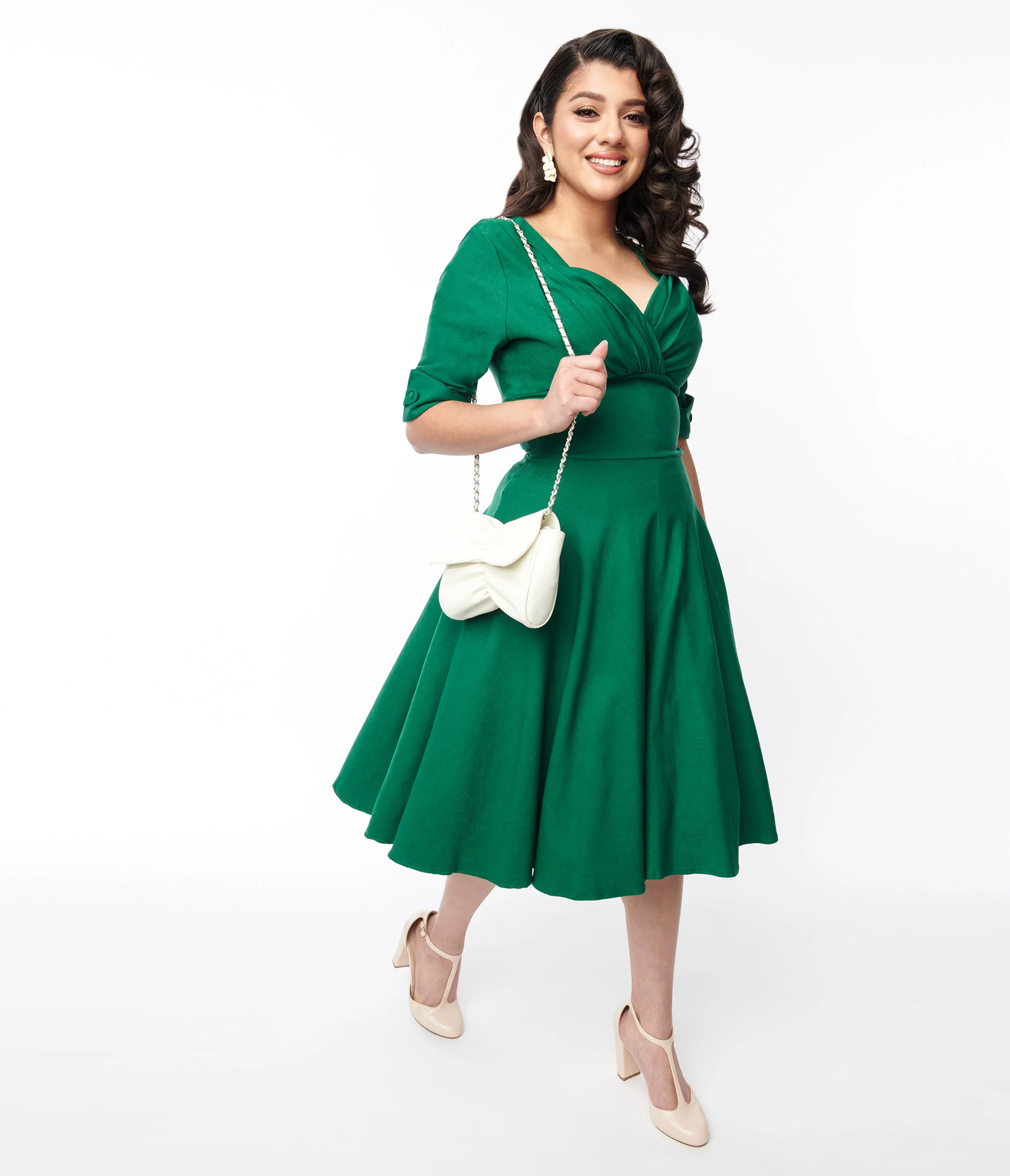 Unique Vintage Emerald Green Delores Swing Dress with Sleeves - Image 4