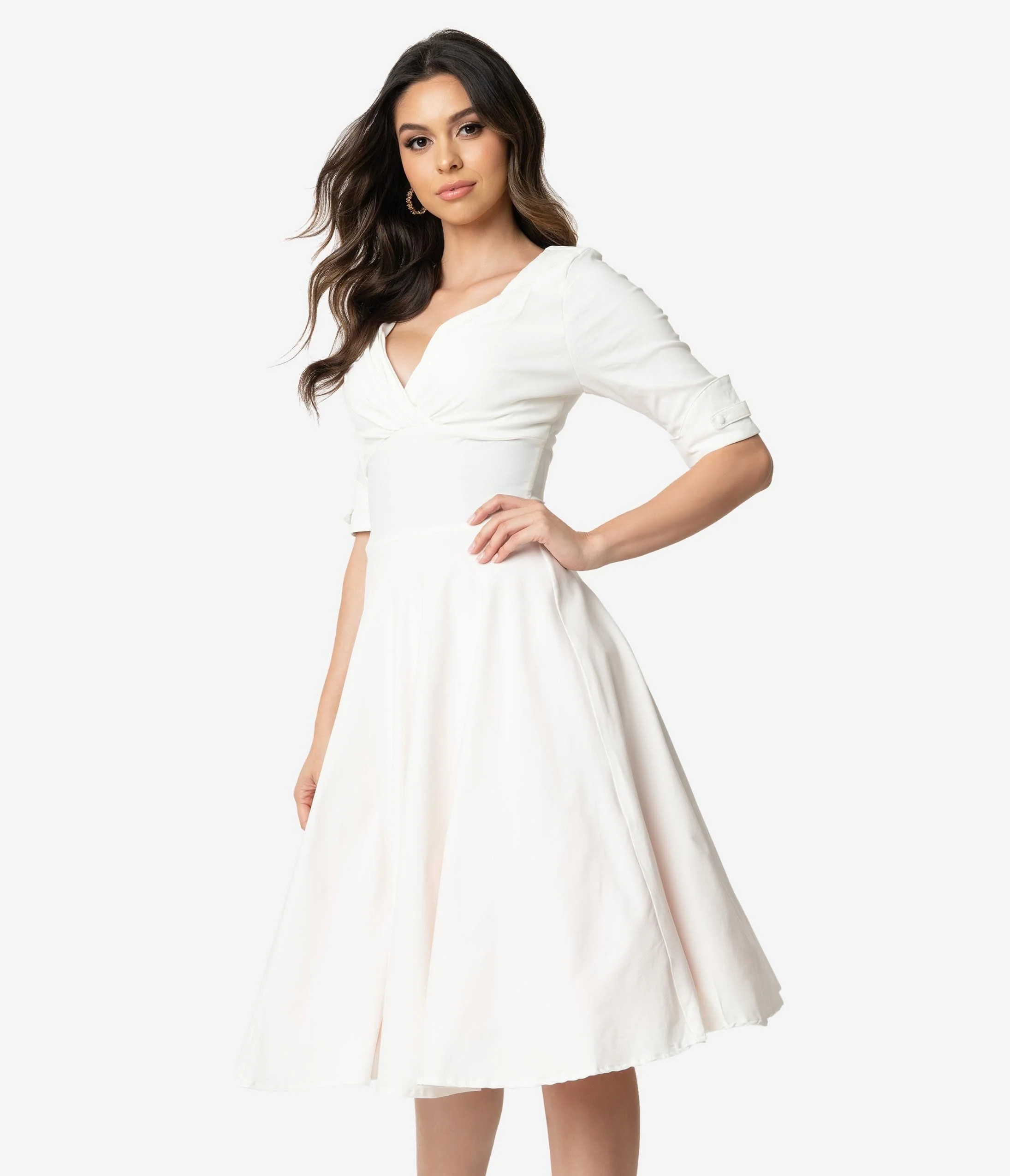 Unique Vintage Ivory Delores Swing Dress with Sleeves - Image 3