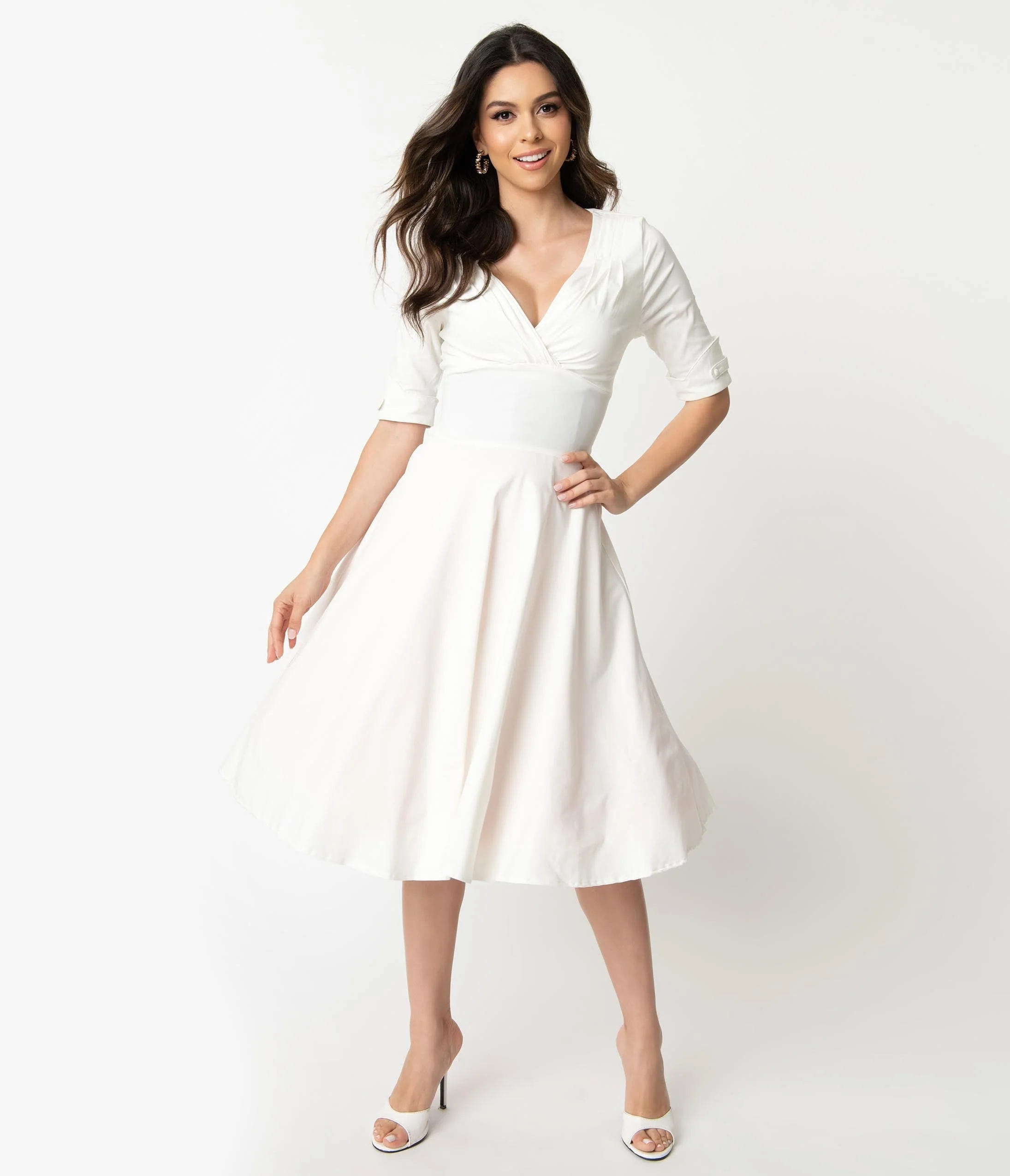 Unique Vintage Ivory Delores Swing Dress with Sleeves - Image 5