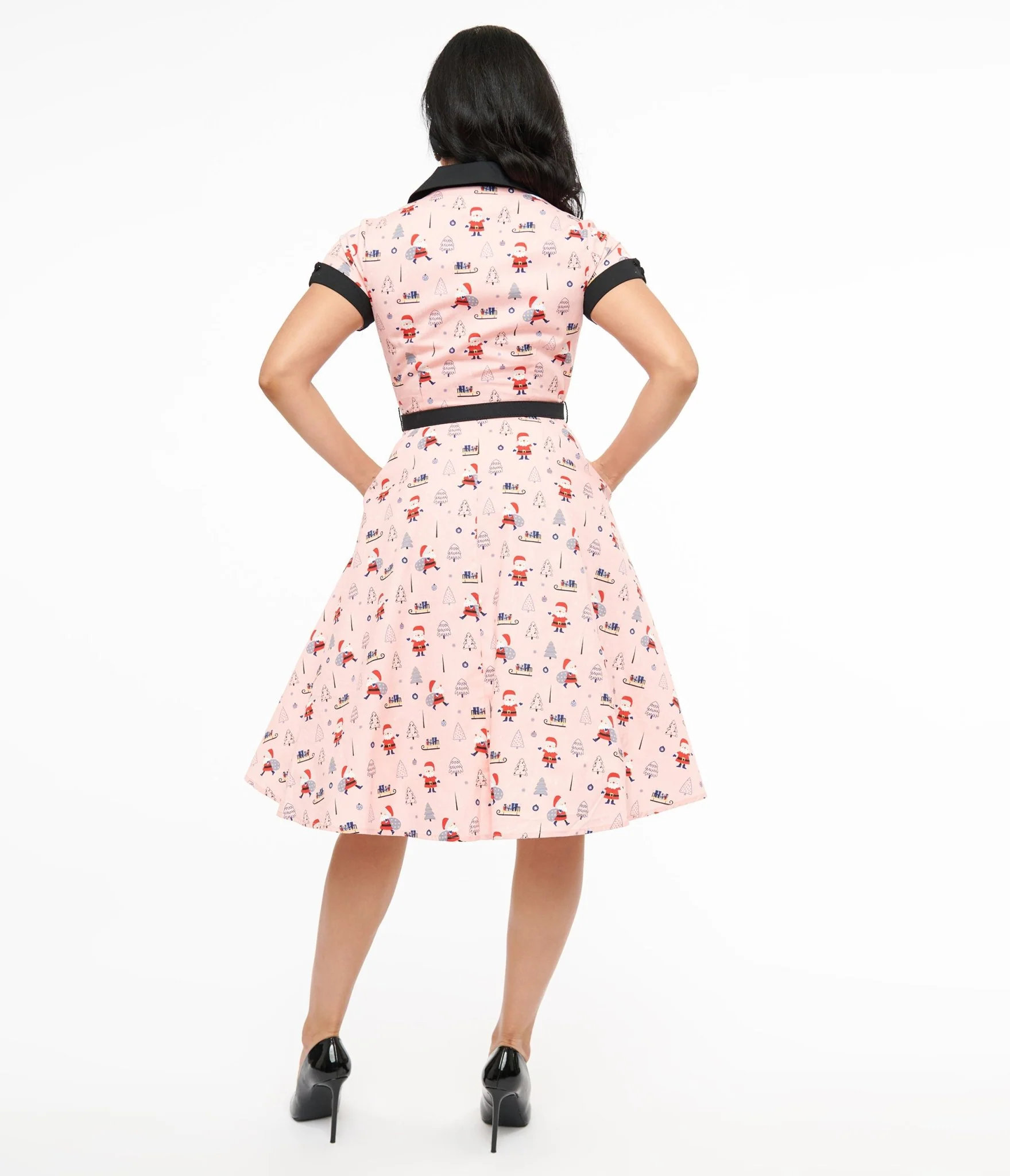 Unique Vintage 1950s Pink Santa Print Alexis Swing Dress - Image 2