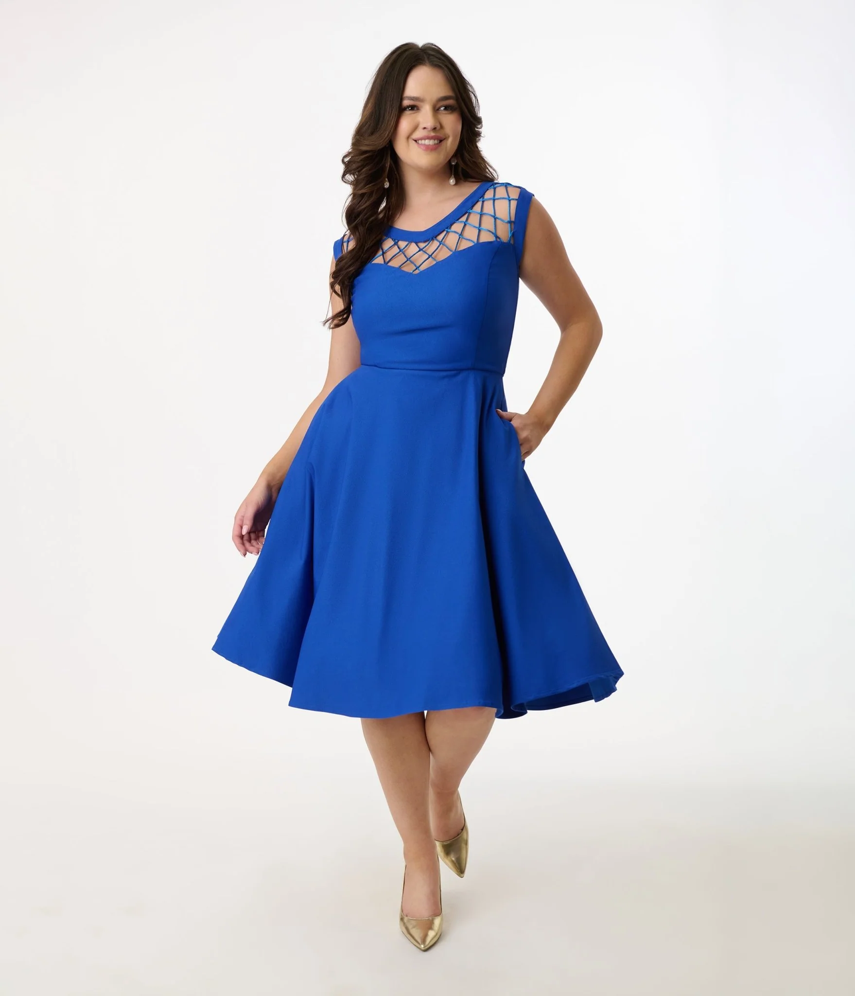 Unique Vintage 1950s Royal Blue Diamond Cable Swing Dress