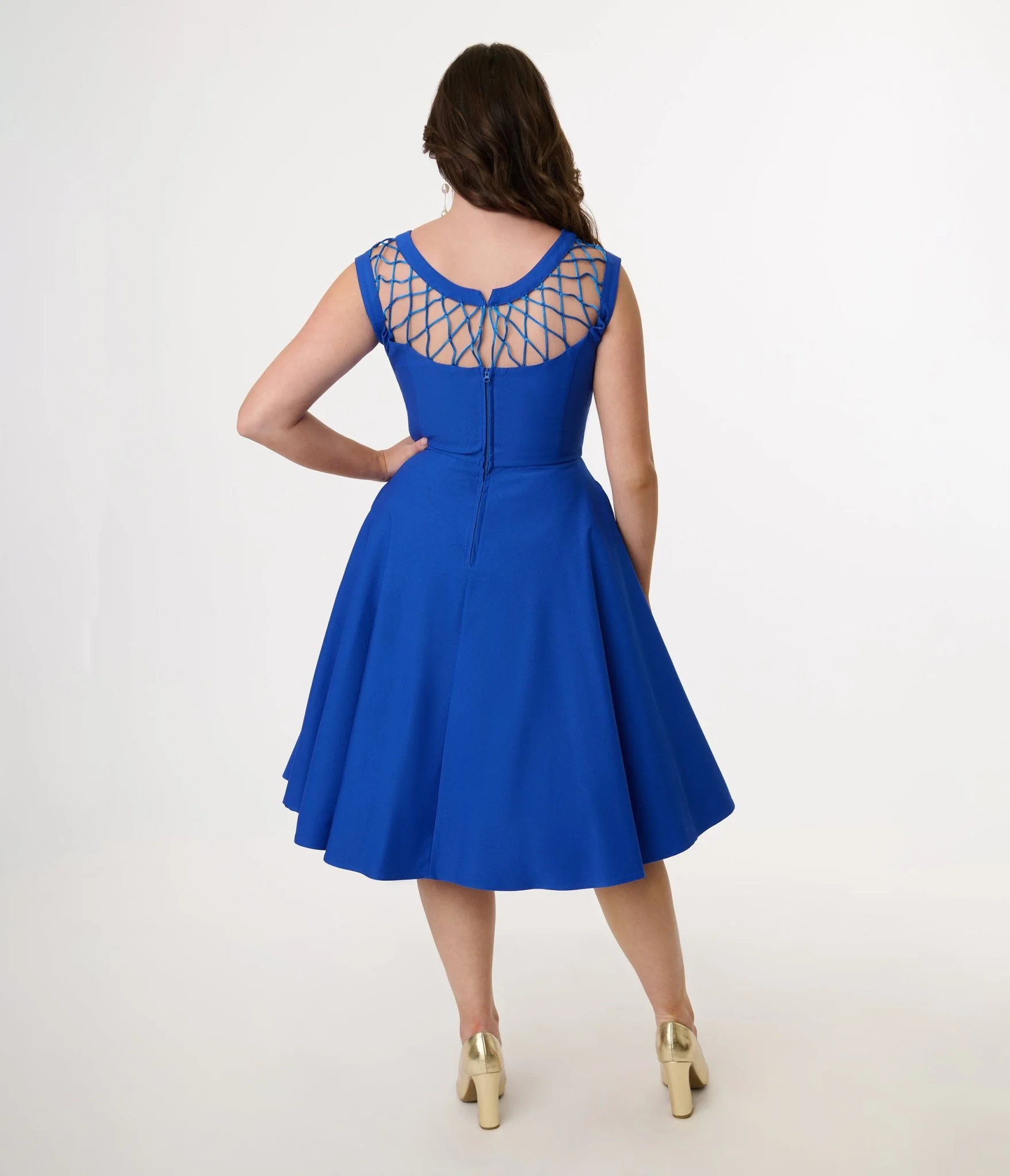 Unique Vintage 1950s Royal Blue Diamond Cable Swing Dress - Image 3