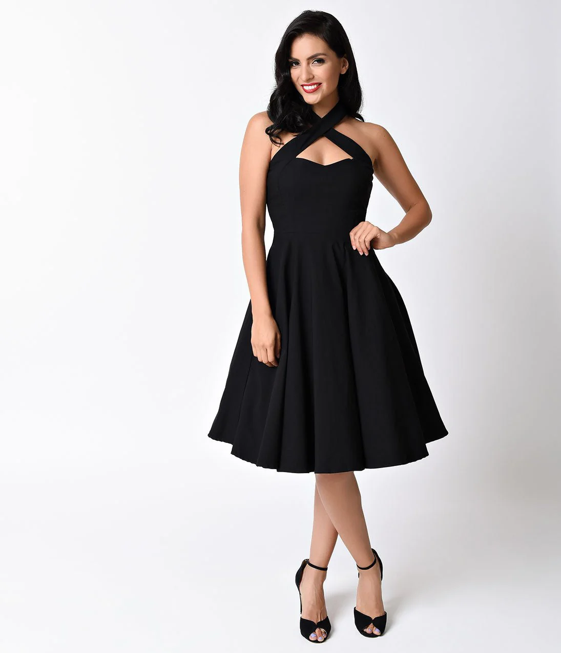 Unique Vintage Black Criss Cross Halter Rita Flare Dress - Image 3