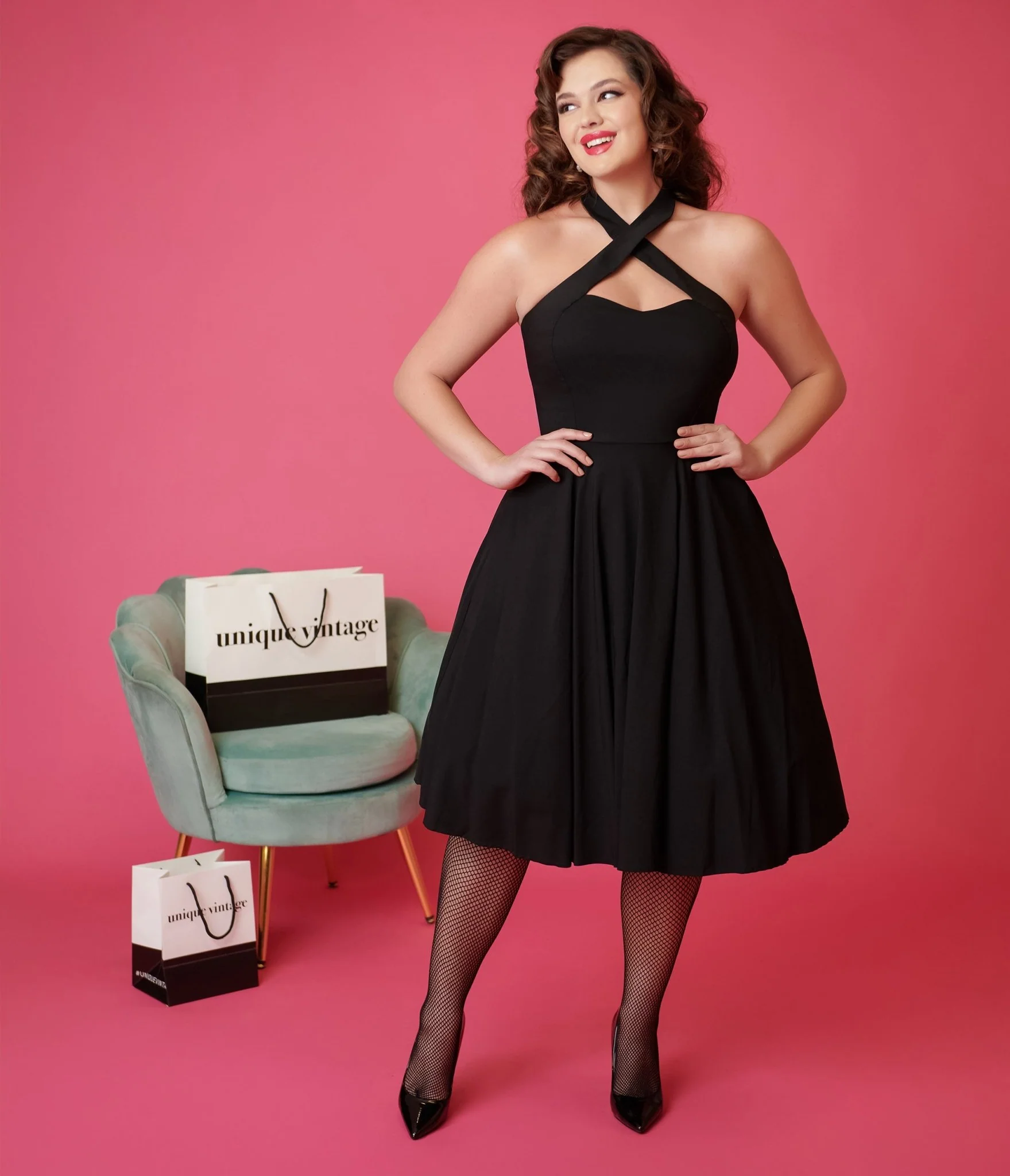 Unique Vintage Black Criss Cross Halter Rita Flare Dress - Image 4