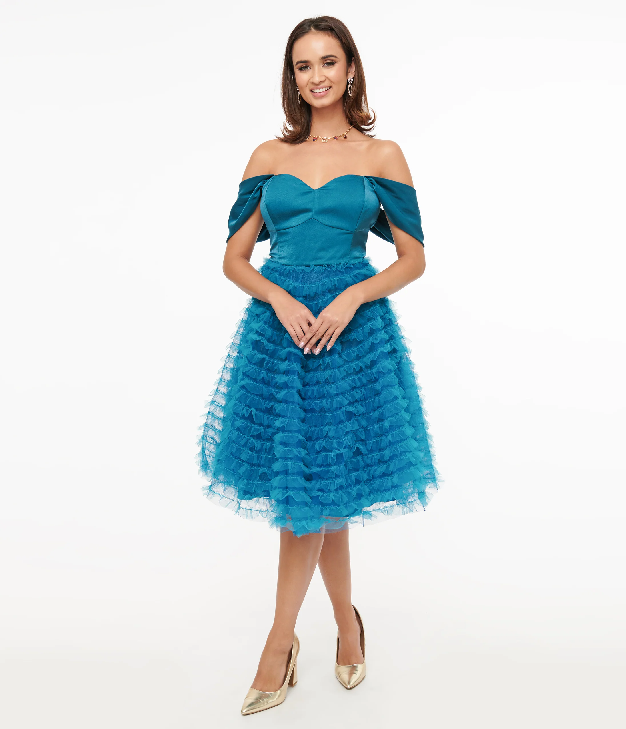 Unique Vintage 1950s Teal Mesh Tulle Off The Shoulder Swing Dress - Image 3