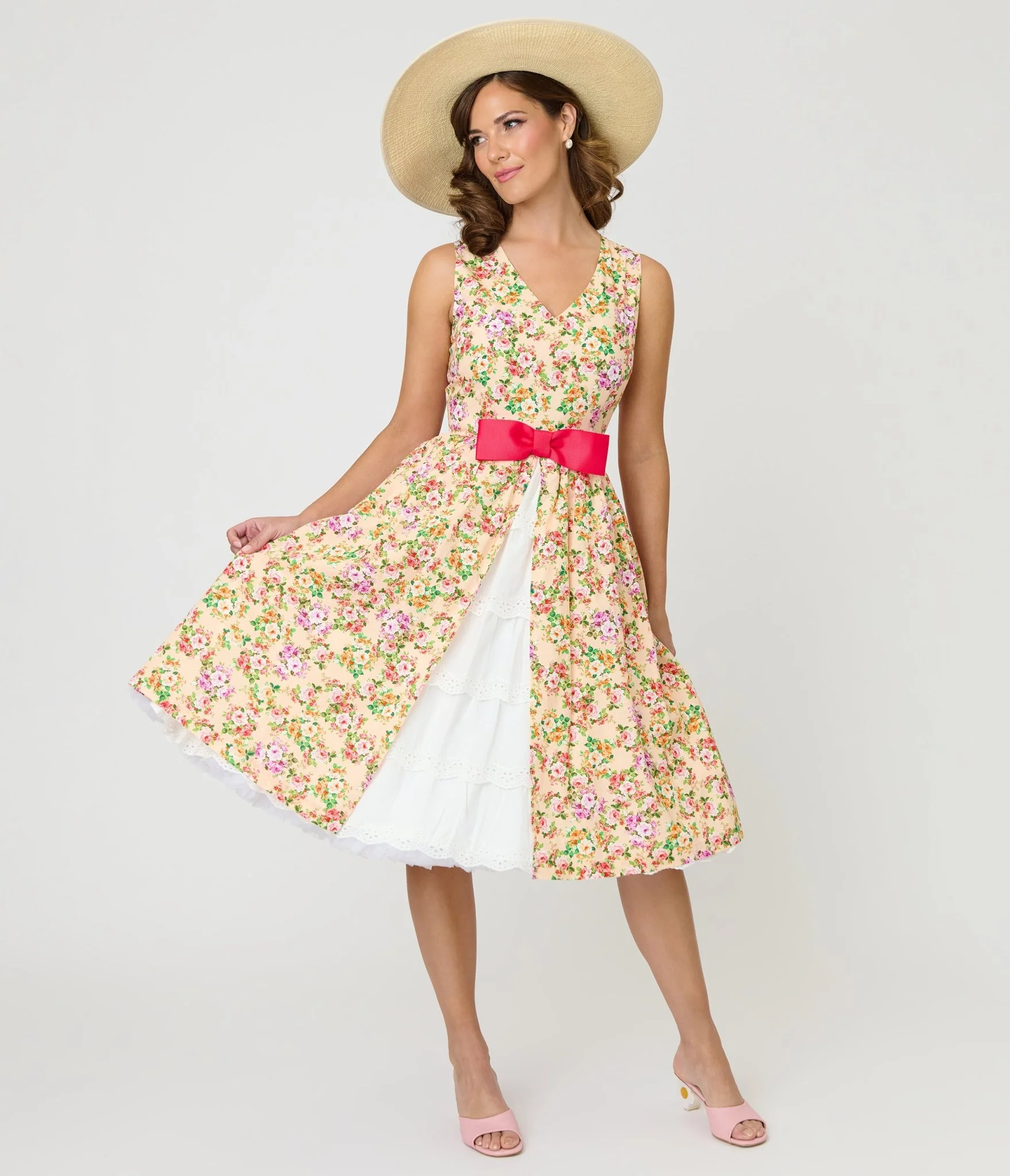 Unique Vintage Beige Floral Print Garden Party Swing Dress