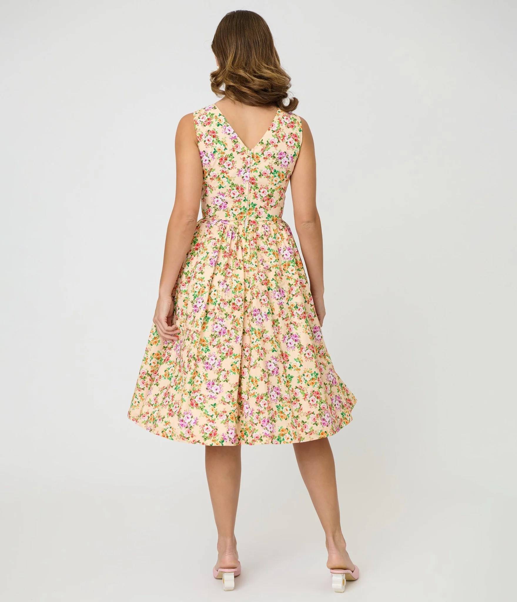 Unique Vintage Beige Floral Print Garden Party Swing Dress - Image 2